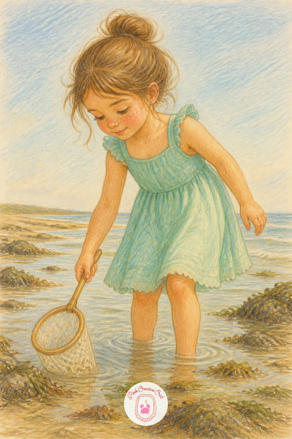 Girl With a Net at Low Tide — Close the set with a girl wading at low tide, small net in hand, since she pulls every creature from the earlier ideas into one