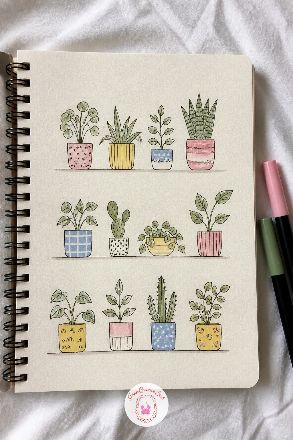 Houseplants In Pots — Houseplants carry the page into perspective and light, since every pot sits on an implied shelf line and every leaf catches light from