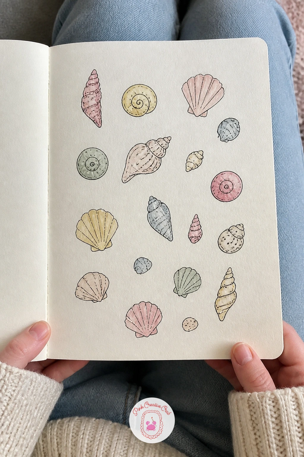 Seashells From One Beach Walk — Shells reward a light hand with dry brush, since the real texture of a shell is a scatter of fine ridges rather than a solid