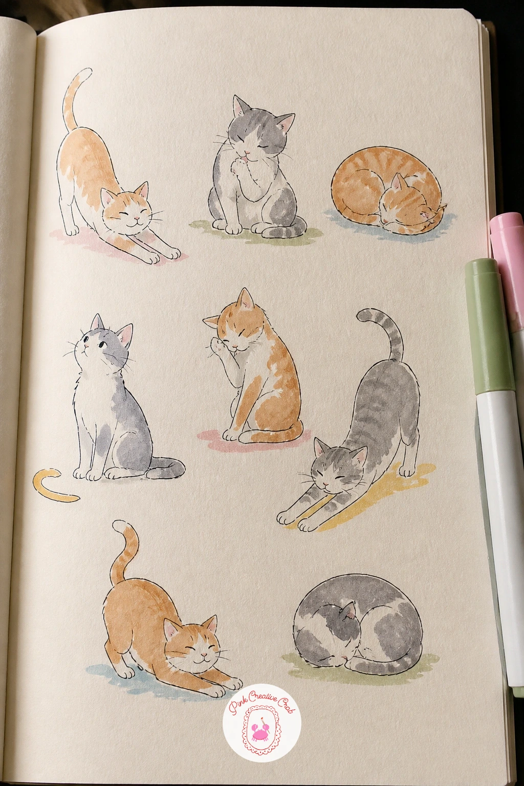 Cats Doing Cat Things — Cats doing small ordinary things, stretching, washing a paw, curling into a loaf, give you a page with built in variety without needing