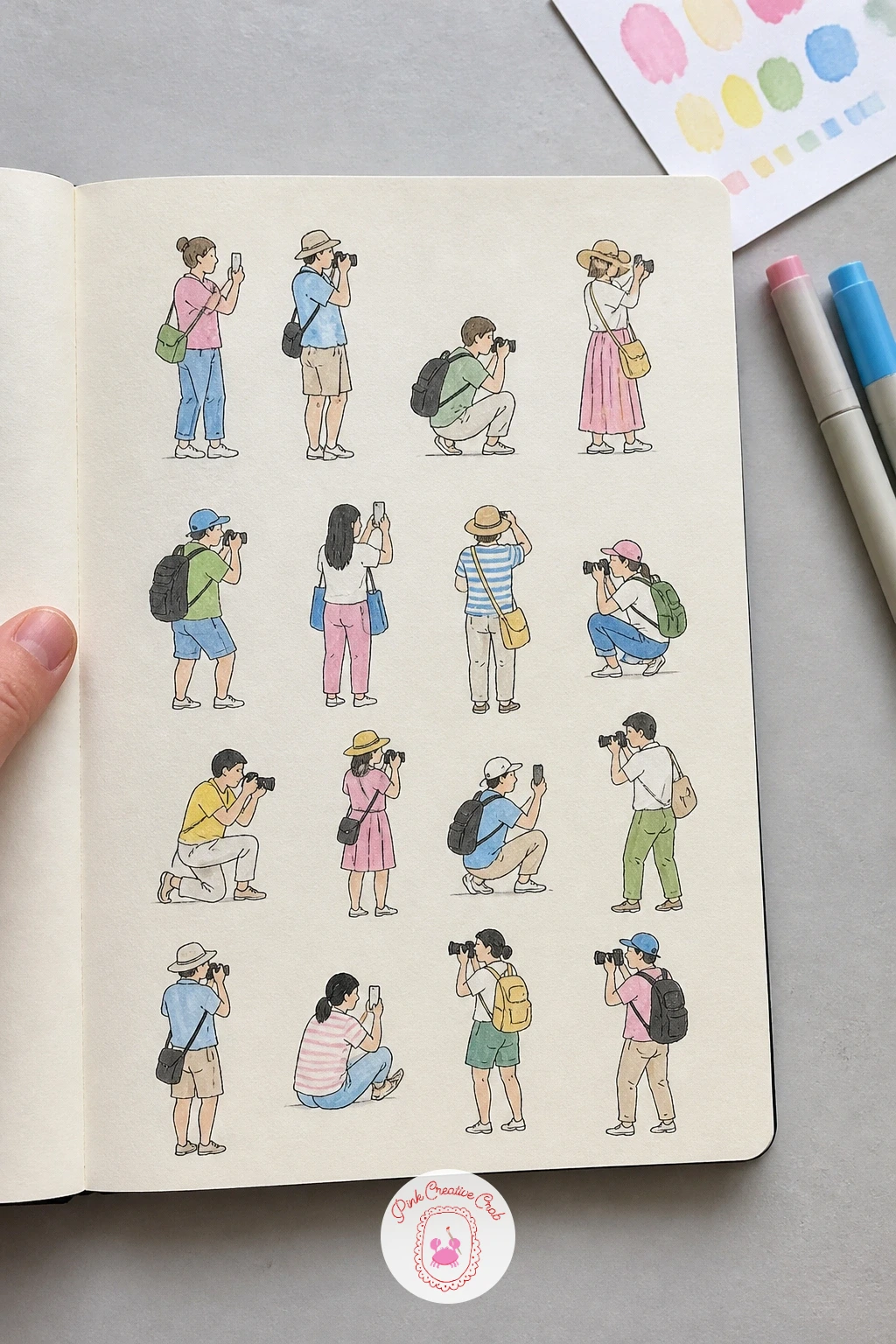Tourists Taking Photos — Tourists taking photos give the page its first real people, and the trick with tiny figures is proportion: keep heads to about one
