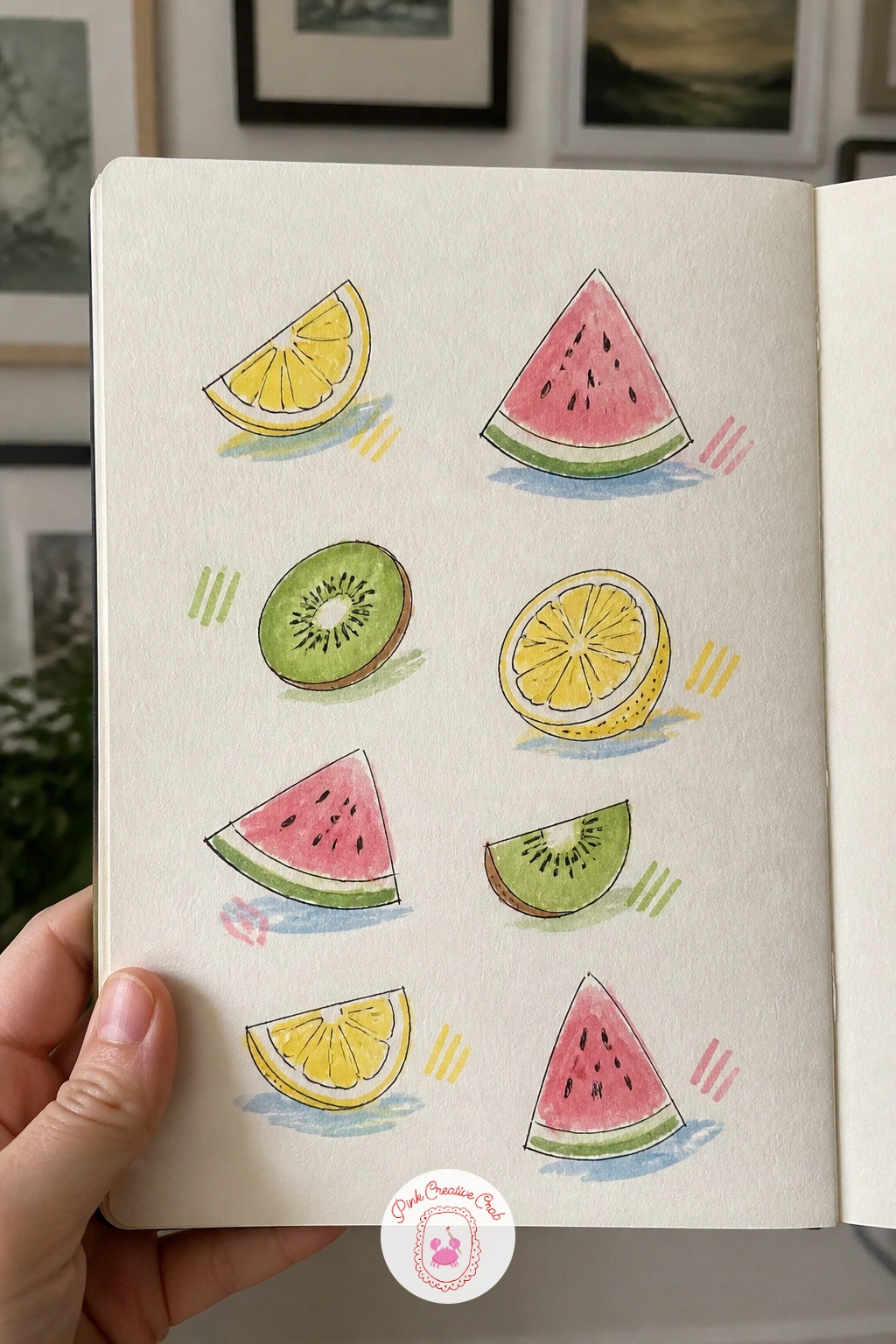 Fruit Slices — Fruit slices turn the page into a lesson in dry brush and clean edges, since the appeal of a lemon or kiwi slice lives entirely in its crisp