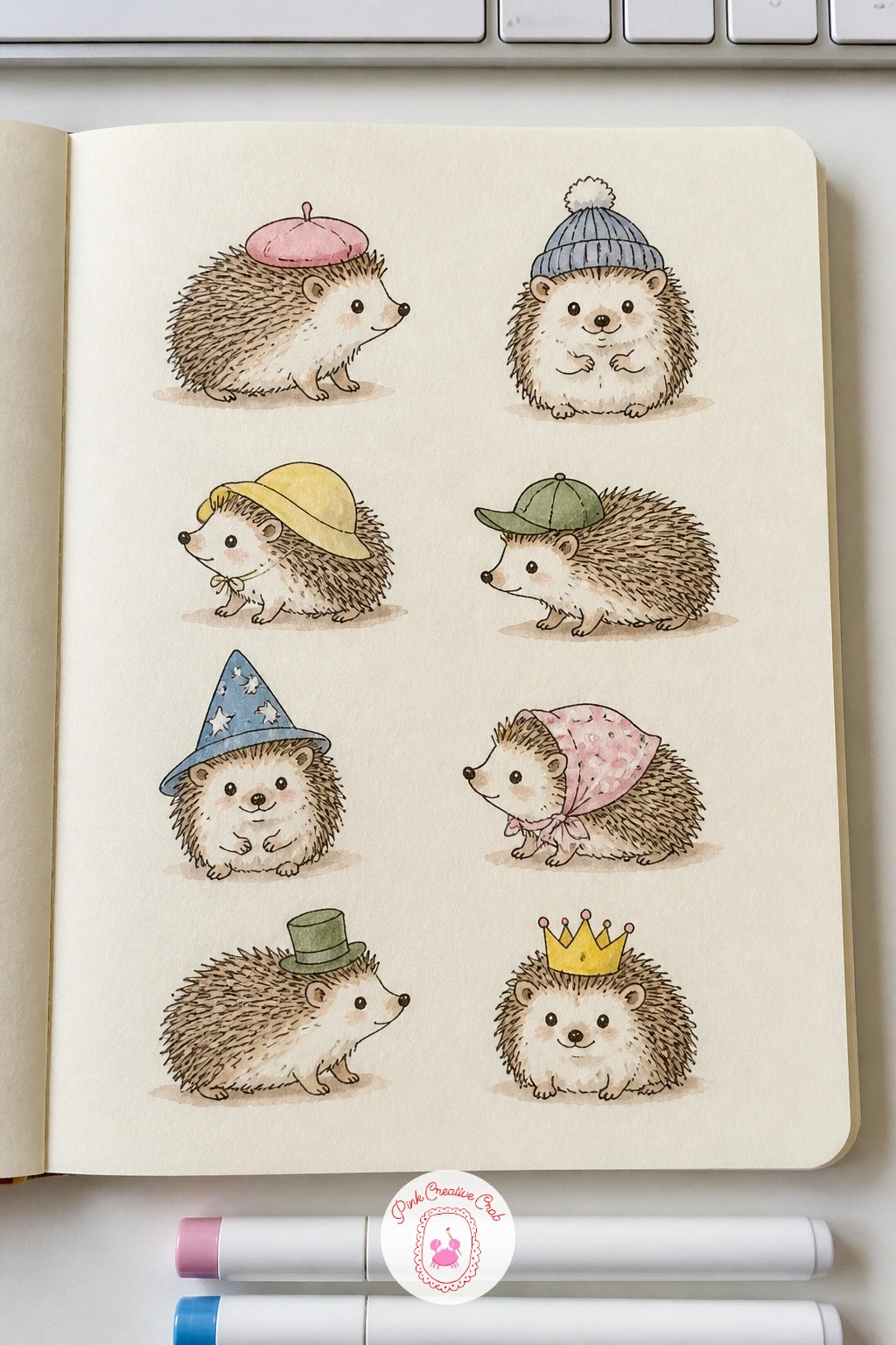 Hedgehogs In Hats — Hedgehogs in hats are a forgiving next step after fruit, since the spiky body hides most proportion mistakes under texture. Sketchbook pages