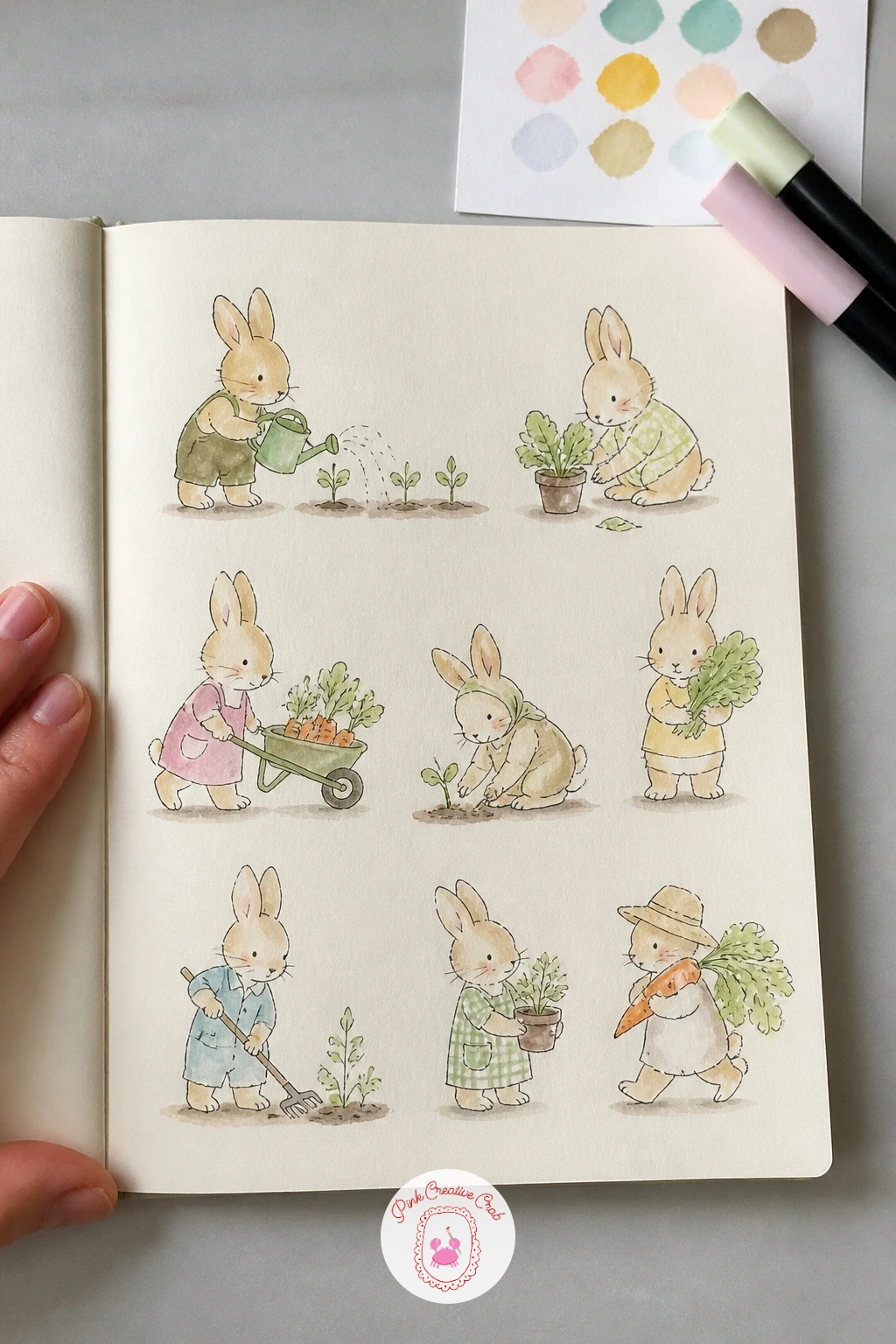 Bunnies Doing Garden Jobs — Bunnies doing garden jobs bring action back onto the page, and the easiest way to make a pose read clearly is to decide the job