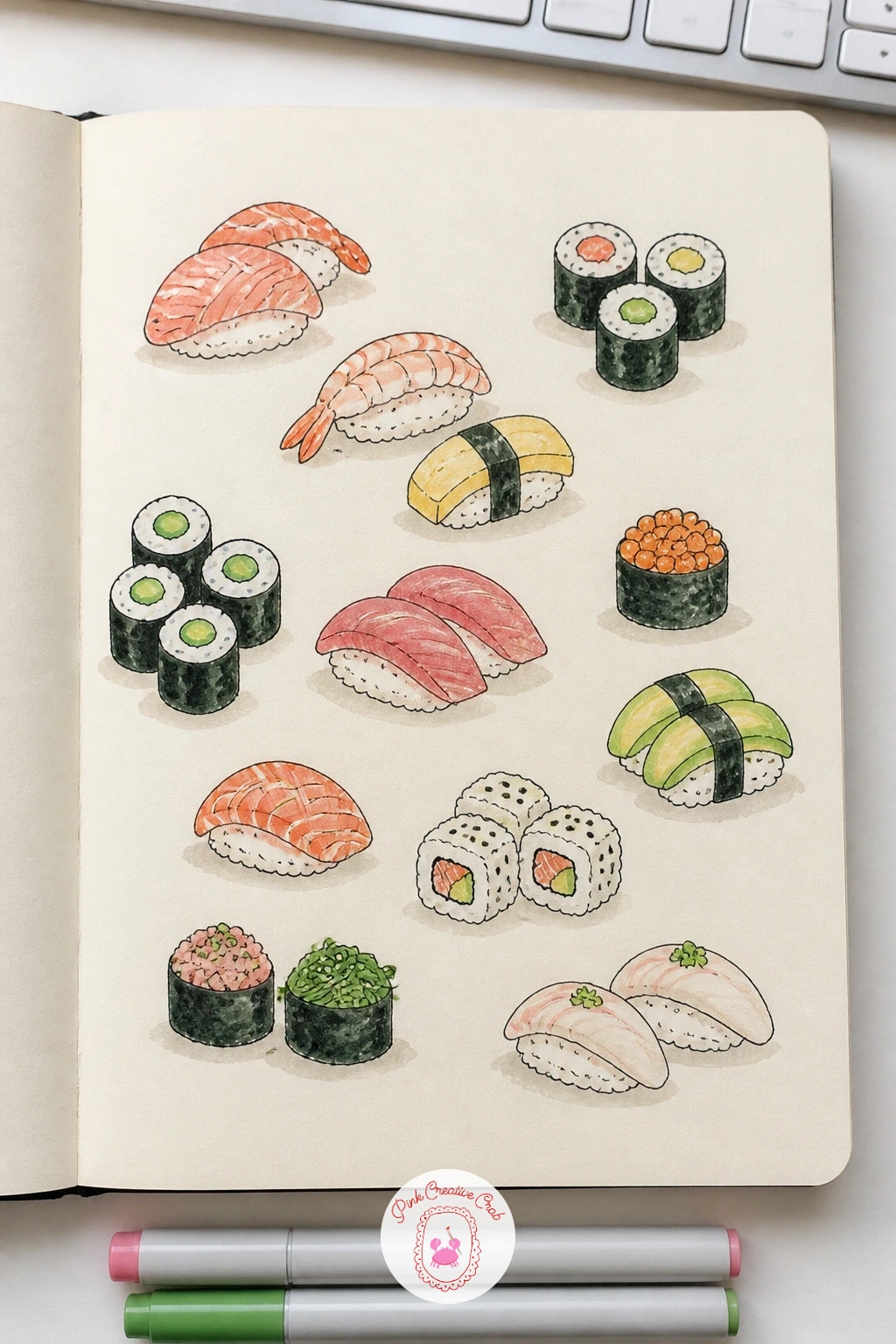 Sushi Pieces — Sushi pieces are a neat exercise in clean geometric shapes, since a nigiri or maki roll is really just a rounded rectangle sitting on an oval of