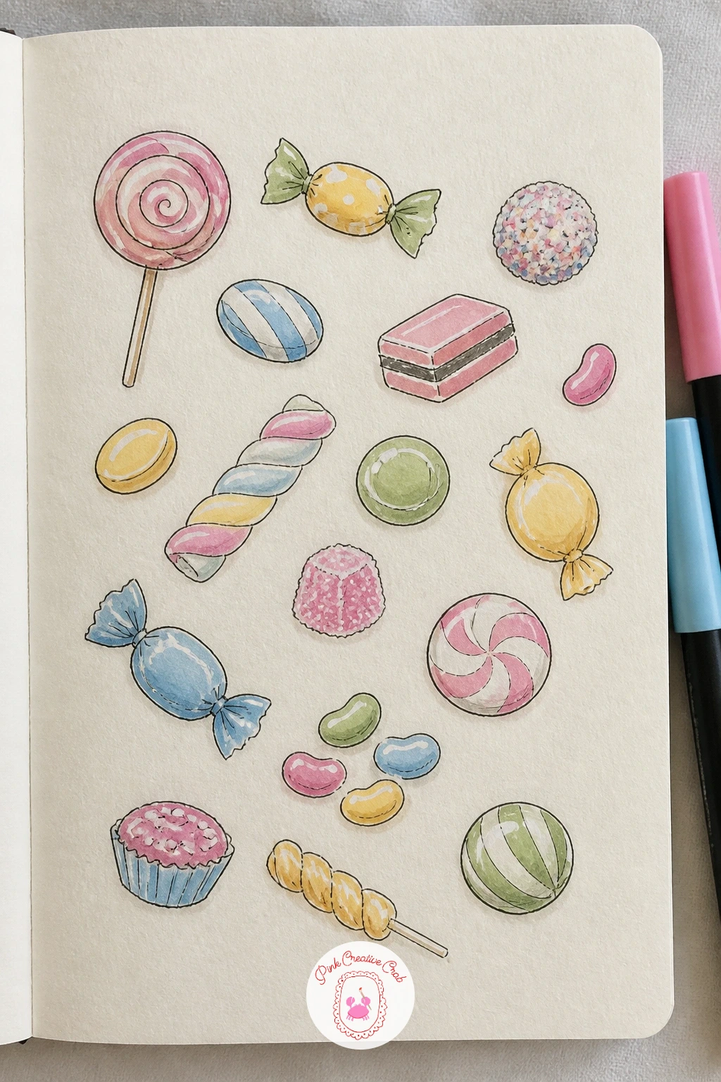 Candy And Sweets — Candy and sweets let the page get playful with shine, since a boiled sweet or lollipop needs just one small white highlight left unpainted