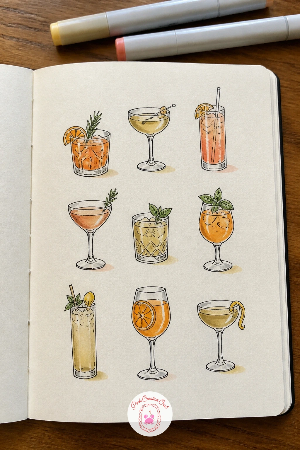 Cocktails — Cocktails bring glass and light back into focus, and the detail that sells a cocktail drawing is the garnish, so plan that before anything else, a