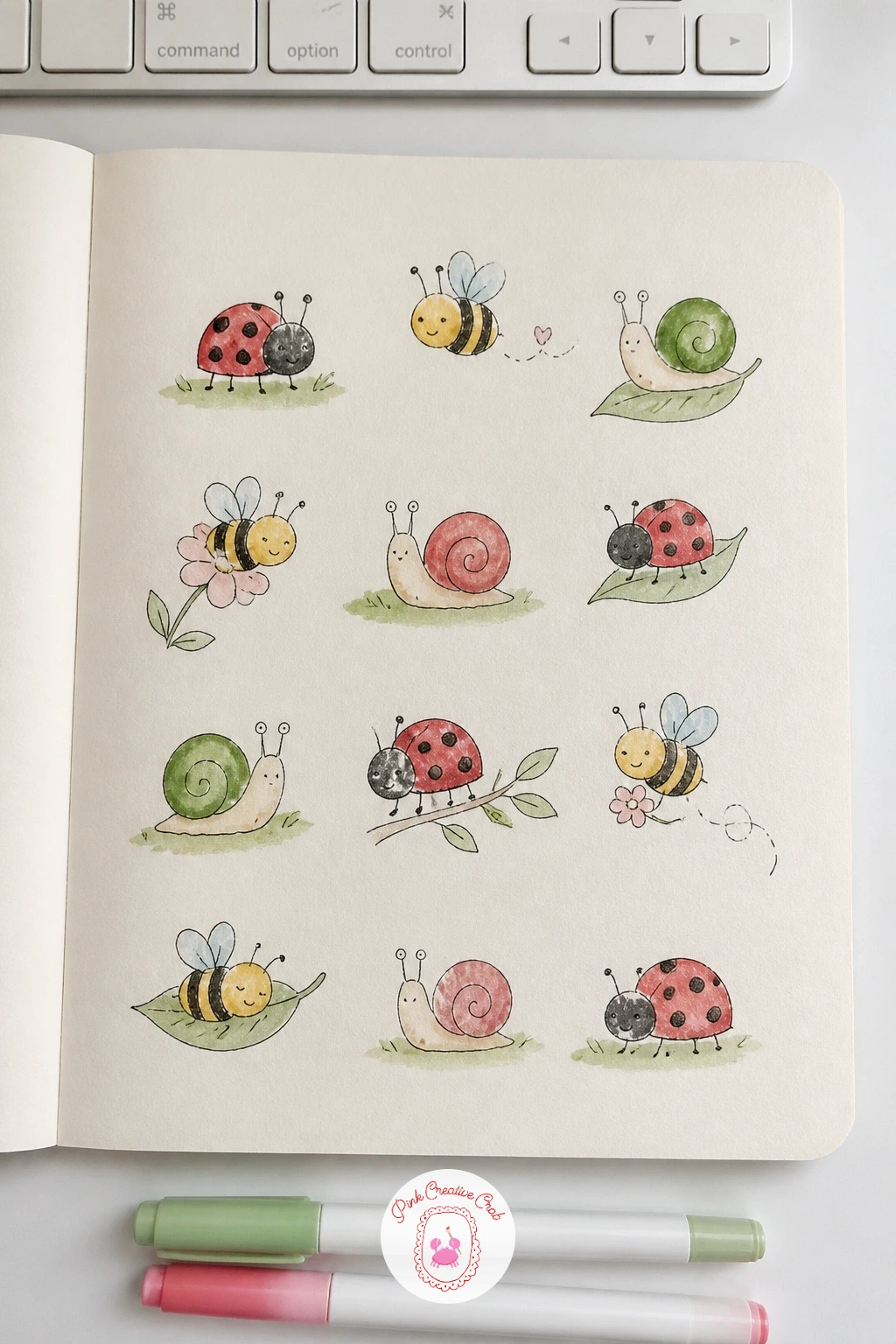 Insects Drawn Kindly — Insects drawn kindly means softening the usual sharp, spiky look into something rounder and friendlier, a ladybug, a bee, a snail, a