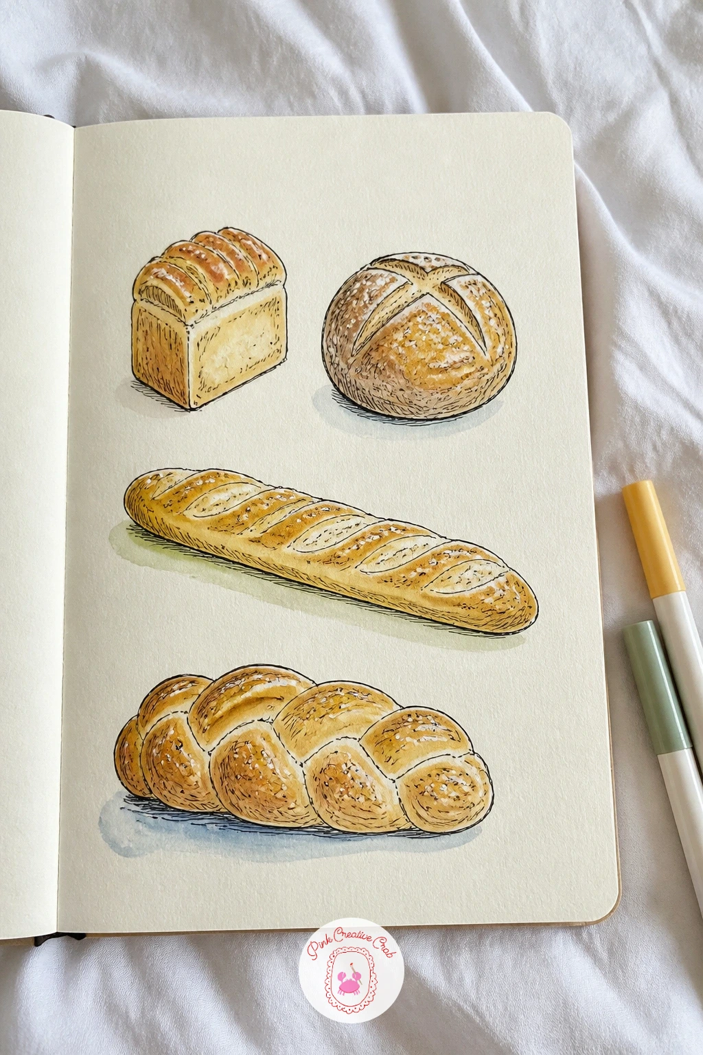 Bread Loaves — Bread loaves bring texture back to the front, since the appeal of a crusty loaf sits in its surface, not its outline. Sketchbook pages