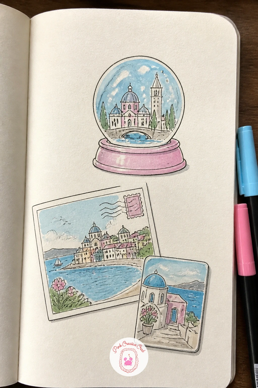 Travel Souvenirs — Travel souvenirs make a nice late page because it pulls together shapes you have already practiced, a tiny teacup, a little house, a