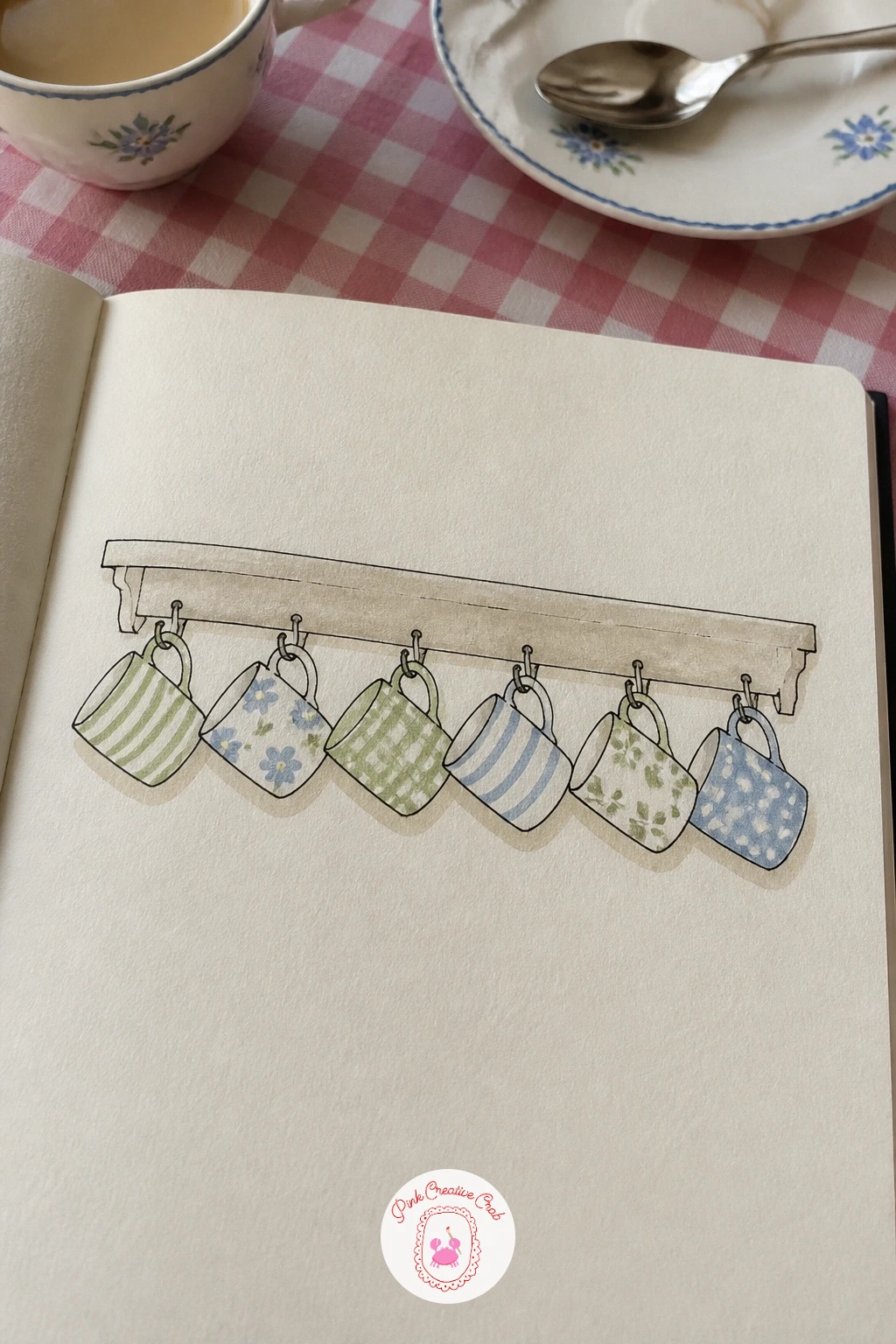 Mugs On Hooks — Mugs on hooks make a calm closing page, built around one simple trick for next time: once you can draw one mug confidently, you can vary the