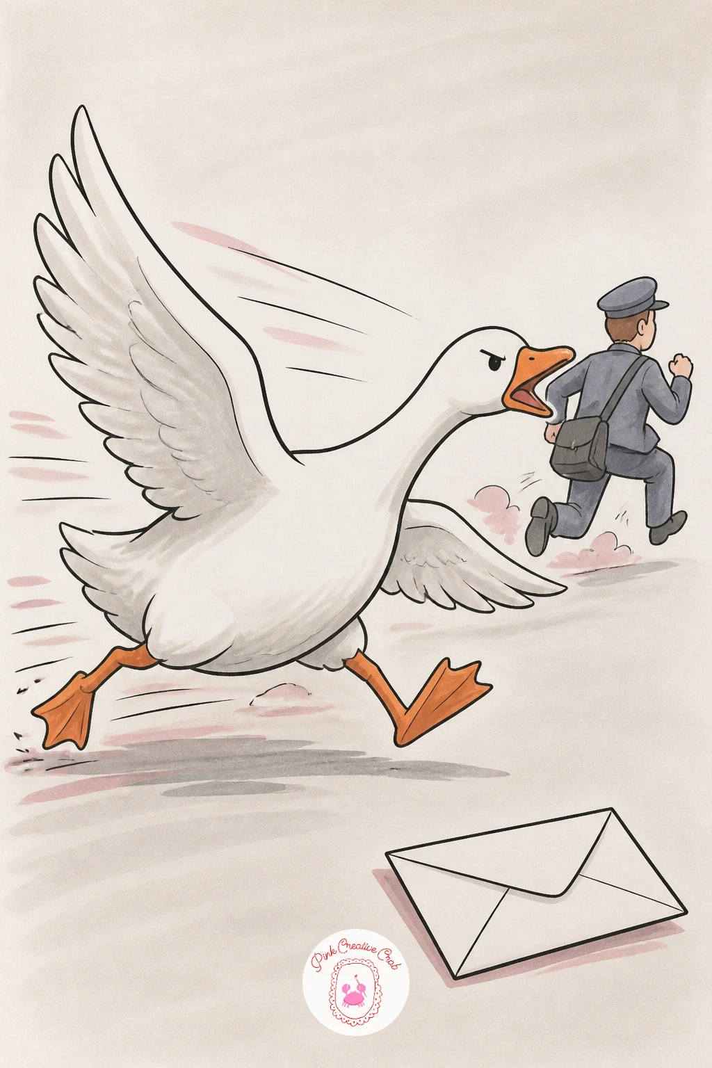 Goose Chasing the Mail Carrier — Following on from the baguette heist, a goose chasing the mail carrier gives you the same confident energy but with motion
