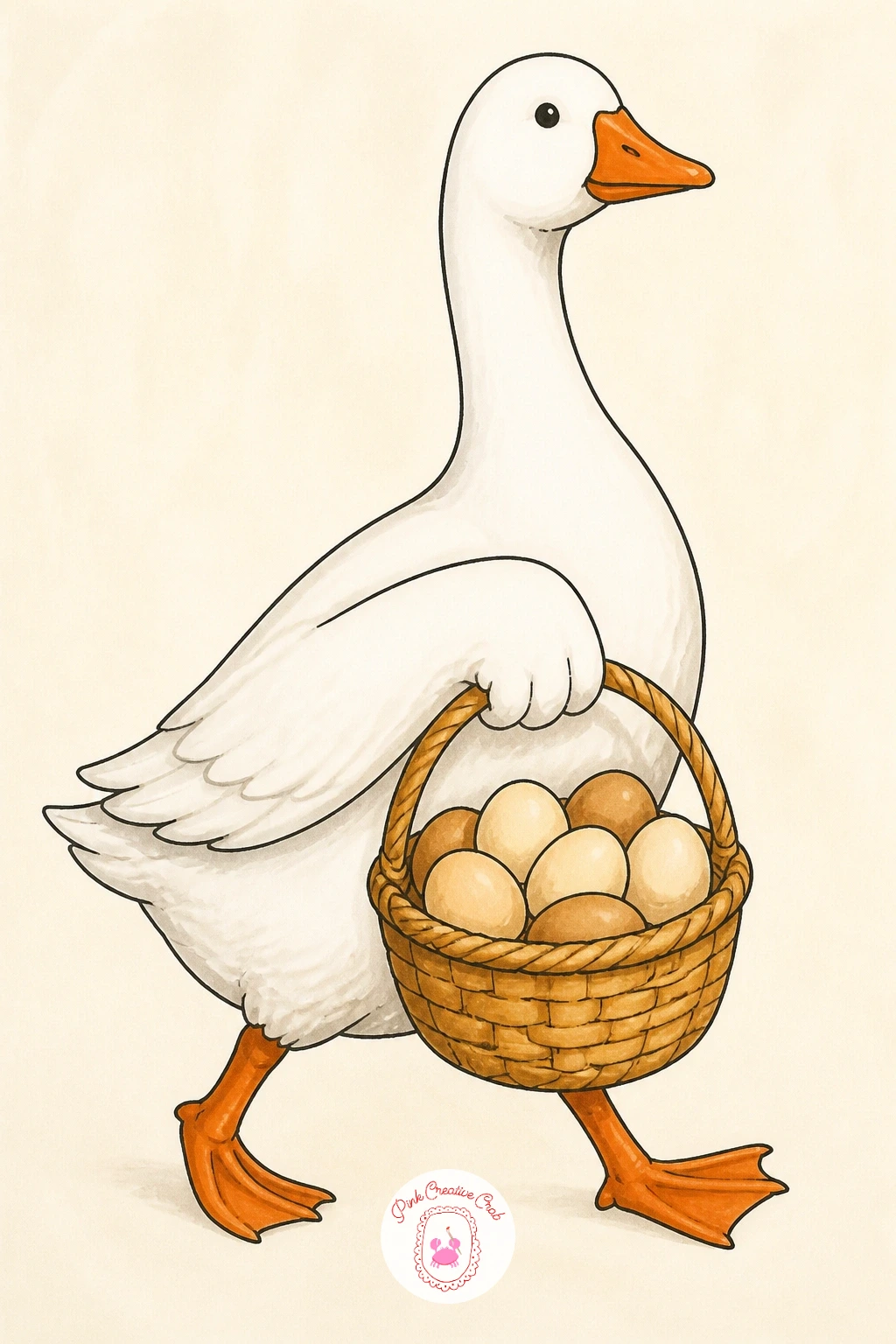 Goose Carrying a Basket of Eggs — After the drama of the cat scene, settle into something gentler: a goose carrying a basket of eggs, walking along like she