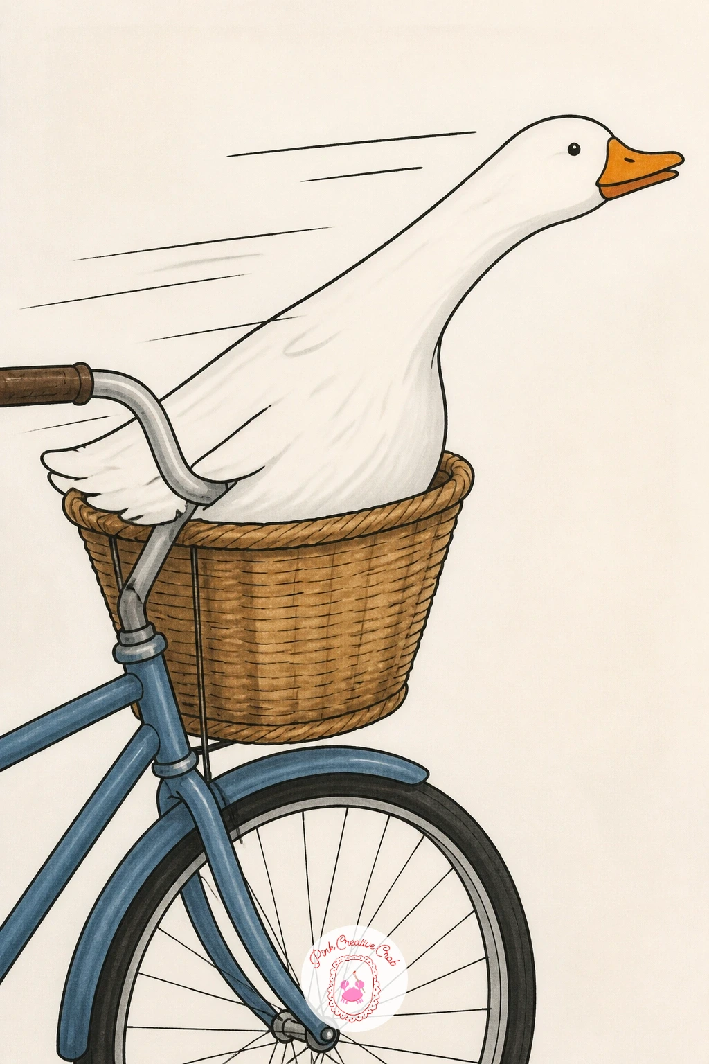 Goose Riding in a Bicycle Basket — Give your goose a joyride next: a goose riding in a bicycle basket, neck craned forward into the wind like she owns the
