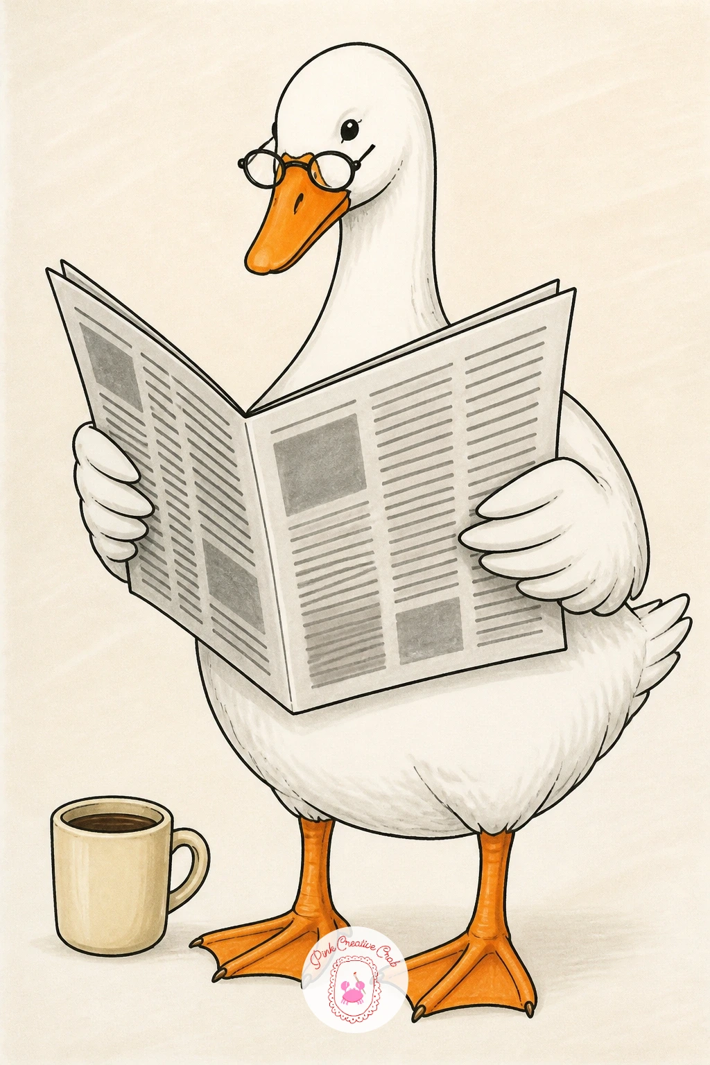 Goose Reading the Newspaper — Slow the pace right down with a goose reading the newspaper, settled on two feet with the paper held open in both wings. Goose