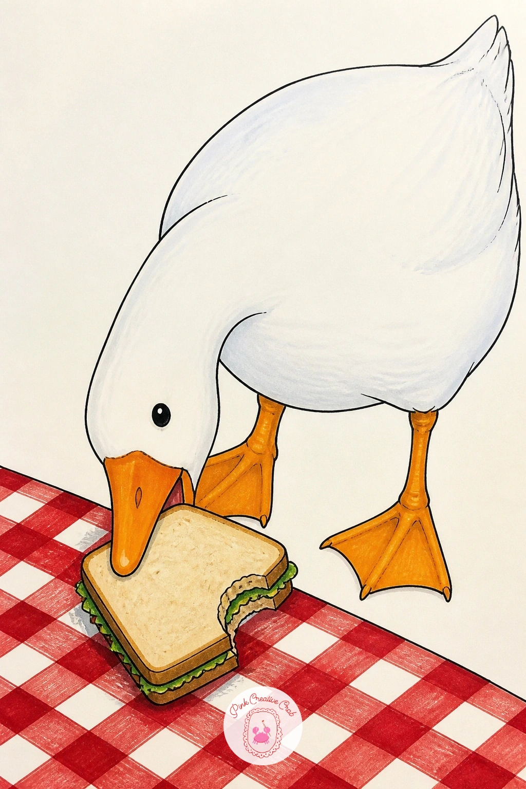 Goose Stealing a Picnic Sandwich — Return to full chaos with a goose stealing a picnic sandwich, snatched straight off a red checkered blanket. Goose drawing