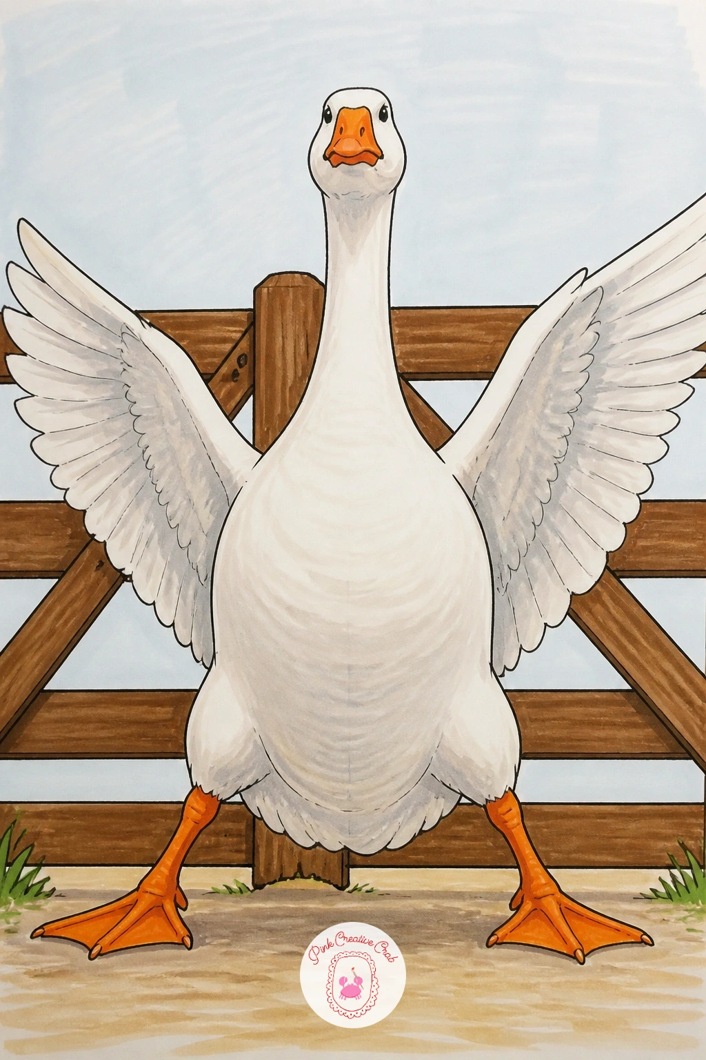 Goose Guarding the Farm Gate — Shift into full drama with a goose guarding the farm gate, chest puffed and wings slightly spread like she is daring anyone to