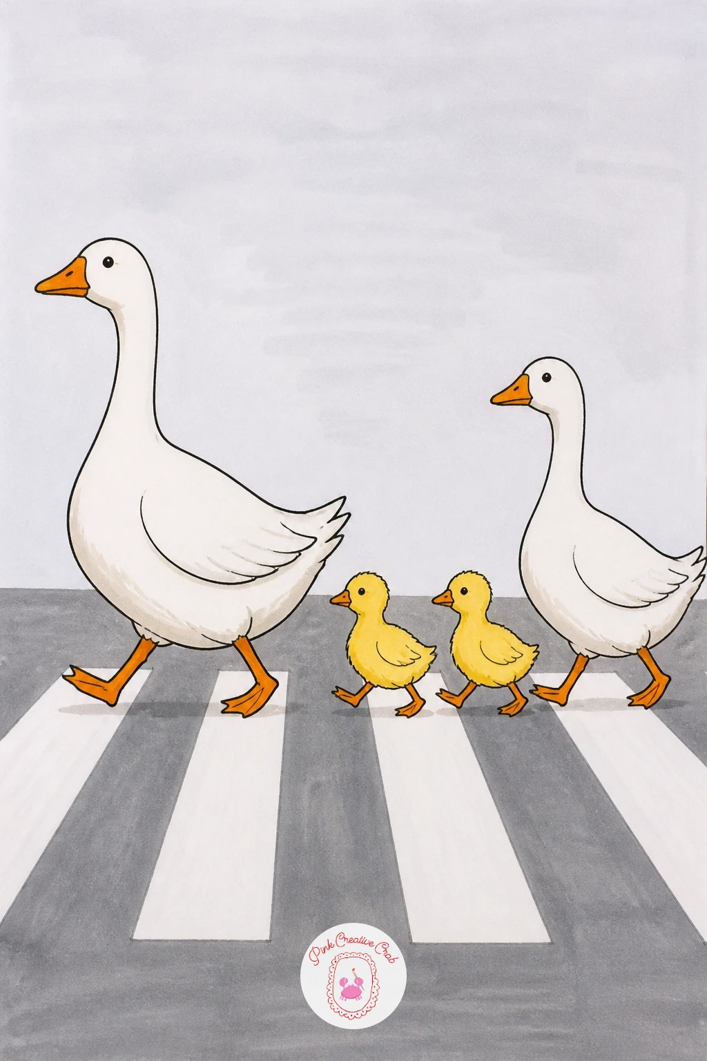 Goose Family Crossing the Road — Return to the family theme with a goose family crossing the road, this time on dry land with a proper crosswalk under their