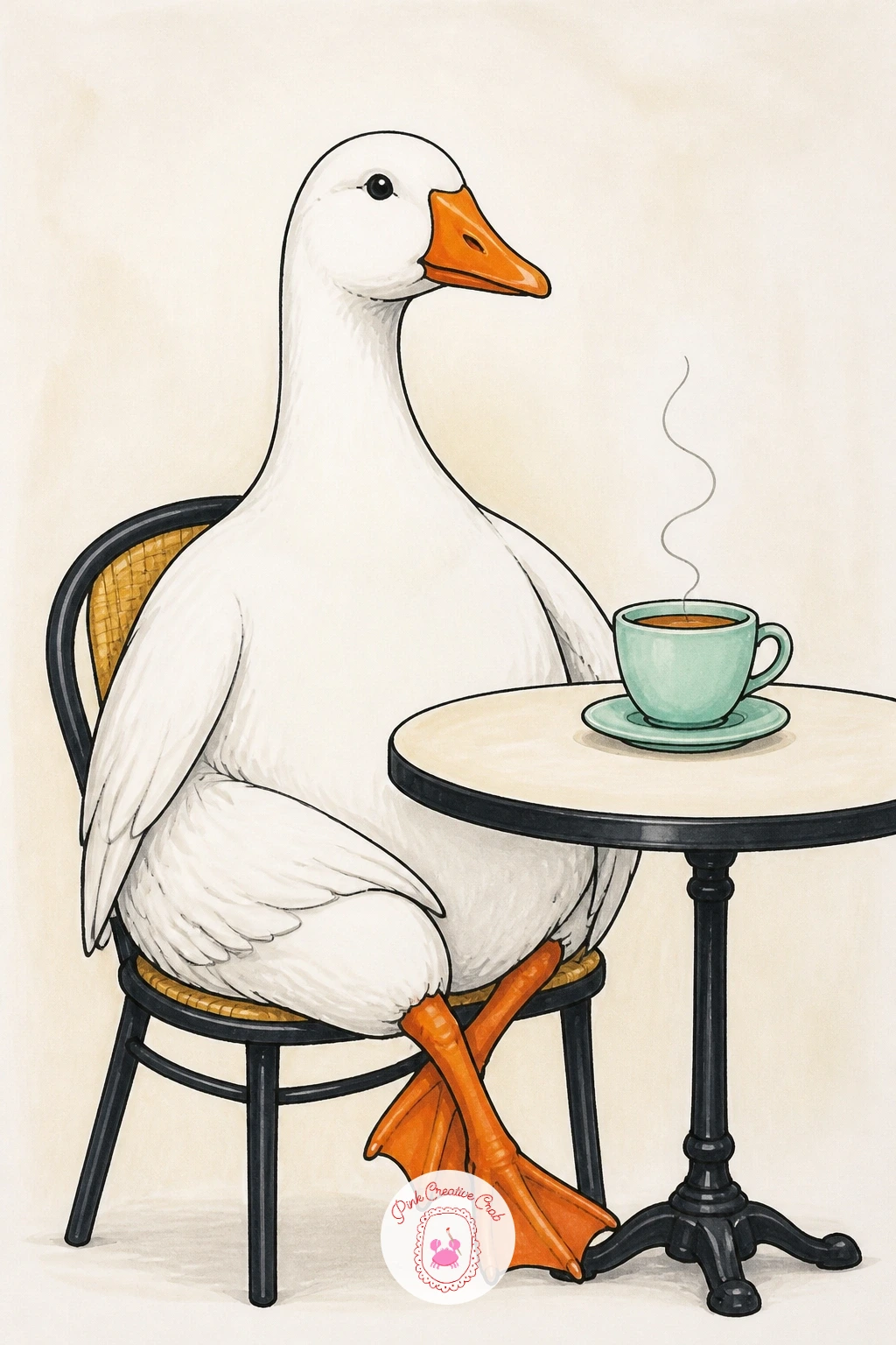 Goose at a Cafe Table — Let her relax with a goose at a cafe table, seated properly with a small cup and saucer in front of her. Goose drawing