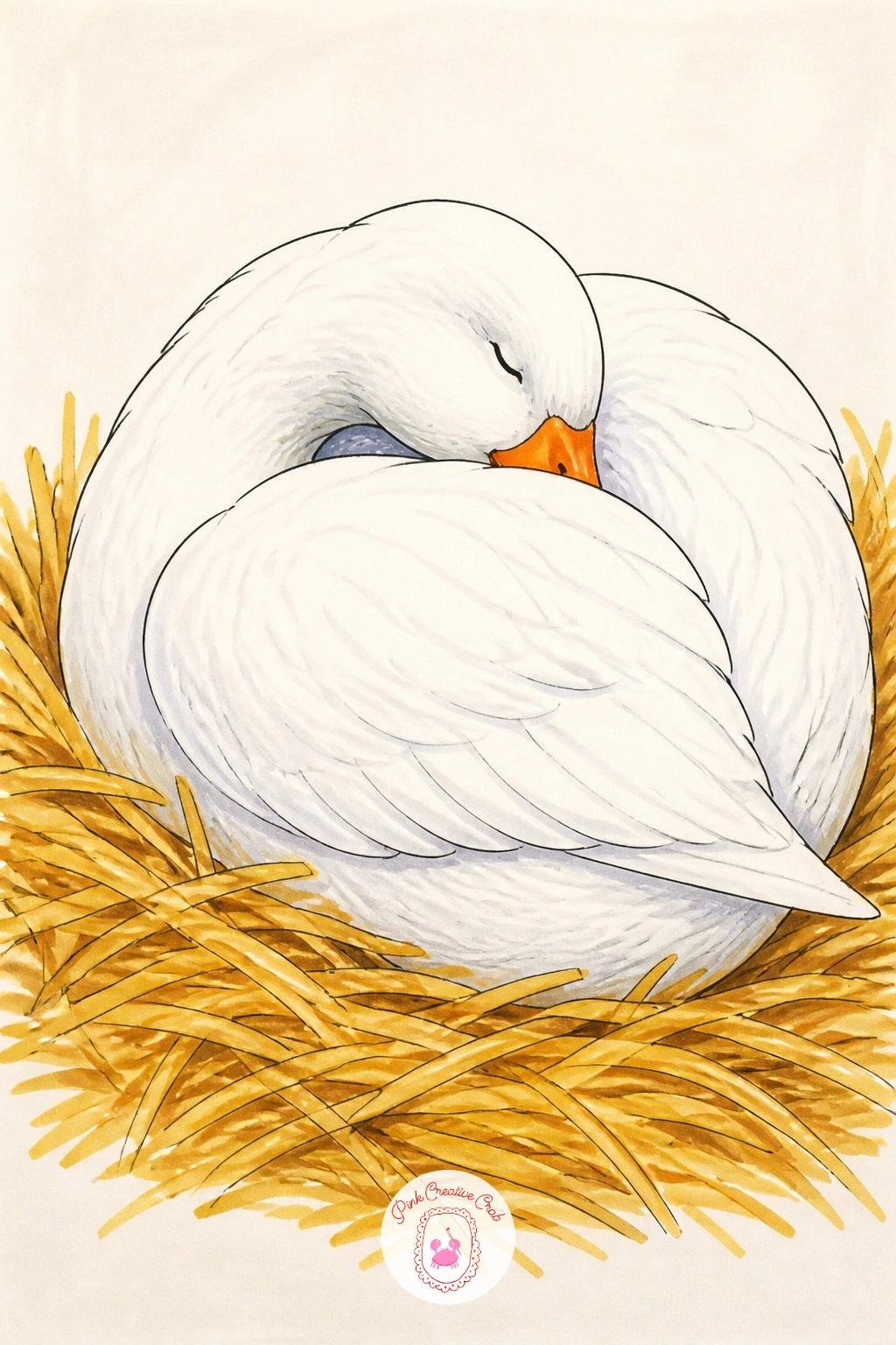 Goose Napping in Hay — Slow right down with a goose napping in hay, tucked into a loose nest with her head resting back against her own body. Goose drawing