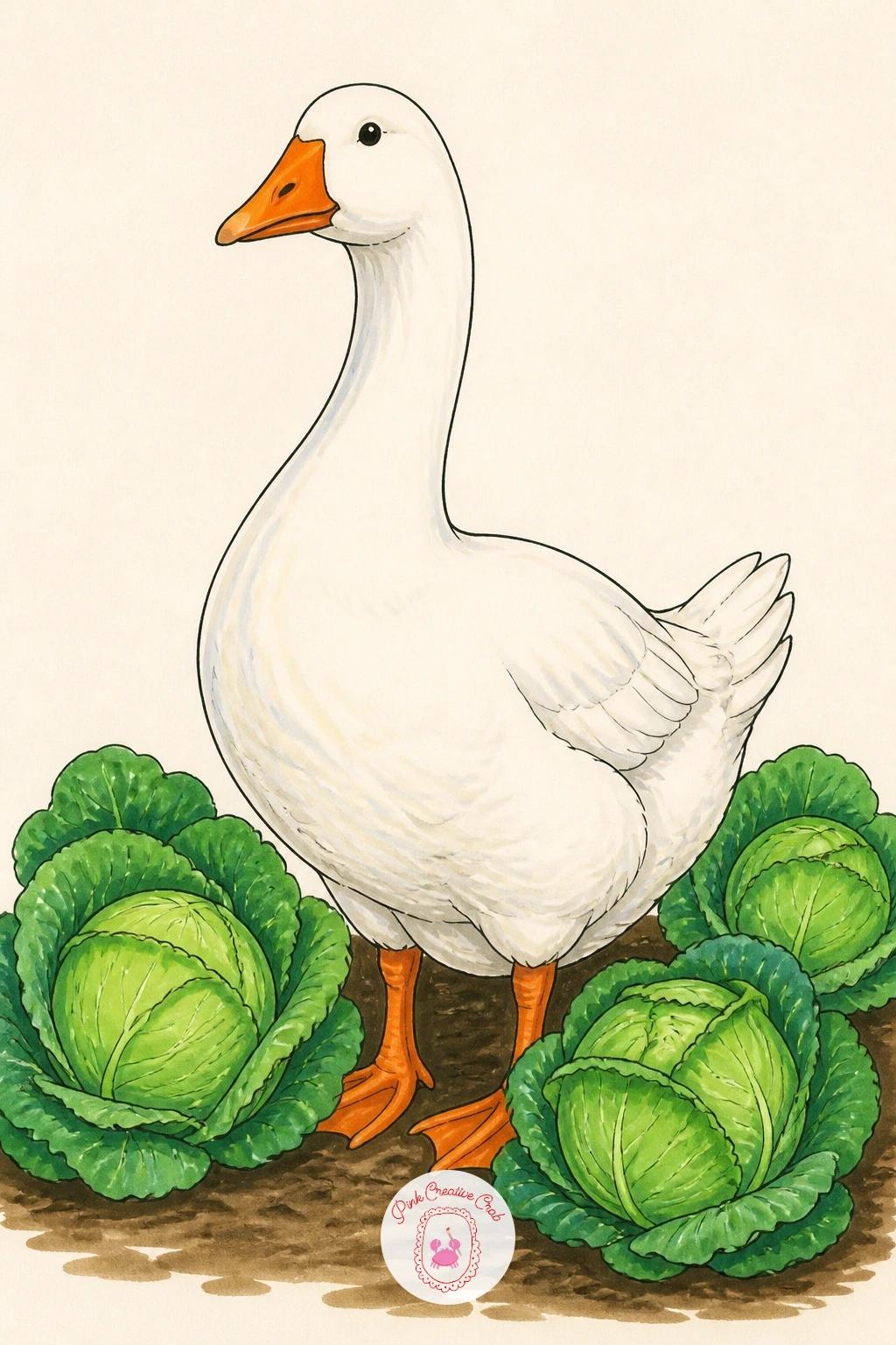 Goose in a Cabbage Patch — Settle back into the farm with a goose in a cabbage patch, standing among a few round cabbage heads like she is personally