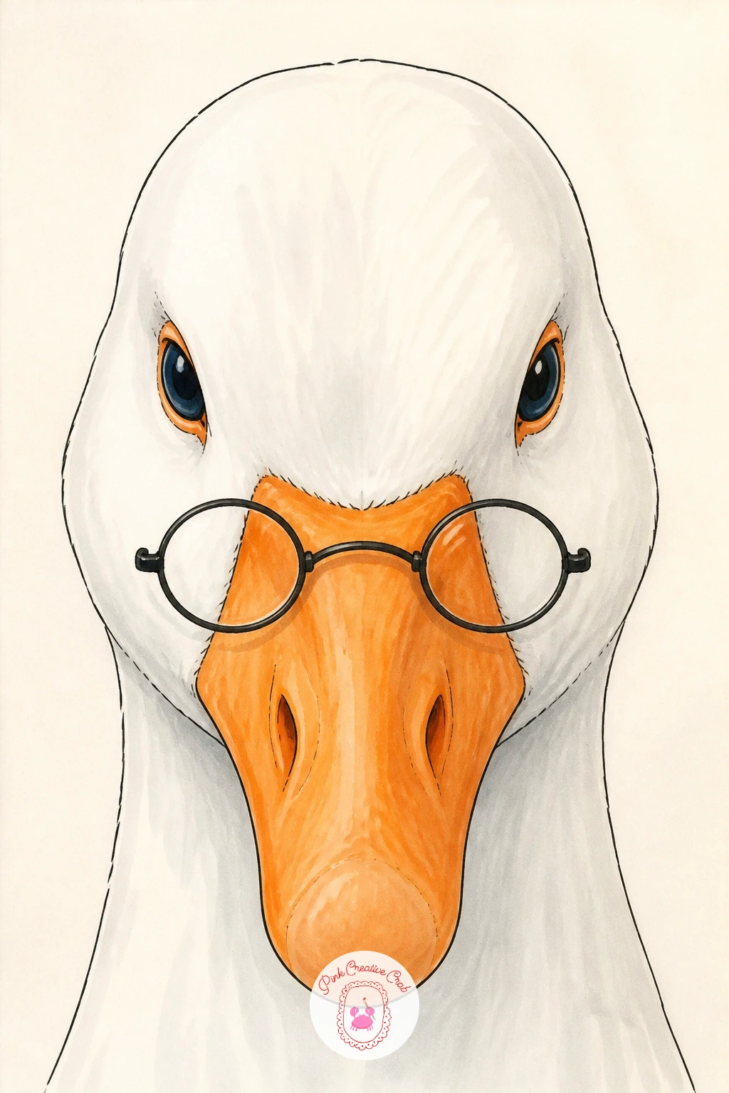 Goose in Tiny Reading Glasses — Bring back the quiet wit with a goose in tiny reading glasses, perched low on the beak like she is peering over them at you.