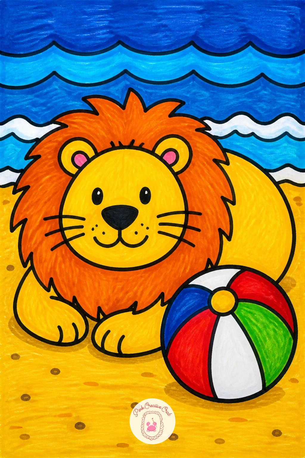 Lion At The Beach — Start the lion with one big circle for the head and a wavy ring of triangle shapes around it for the mane. Kids drawing ideas