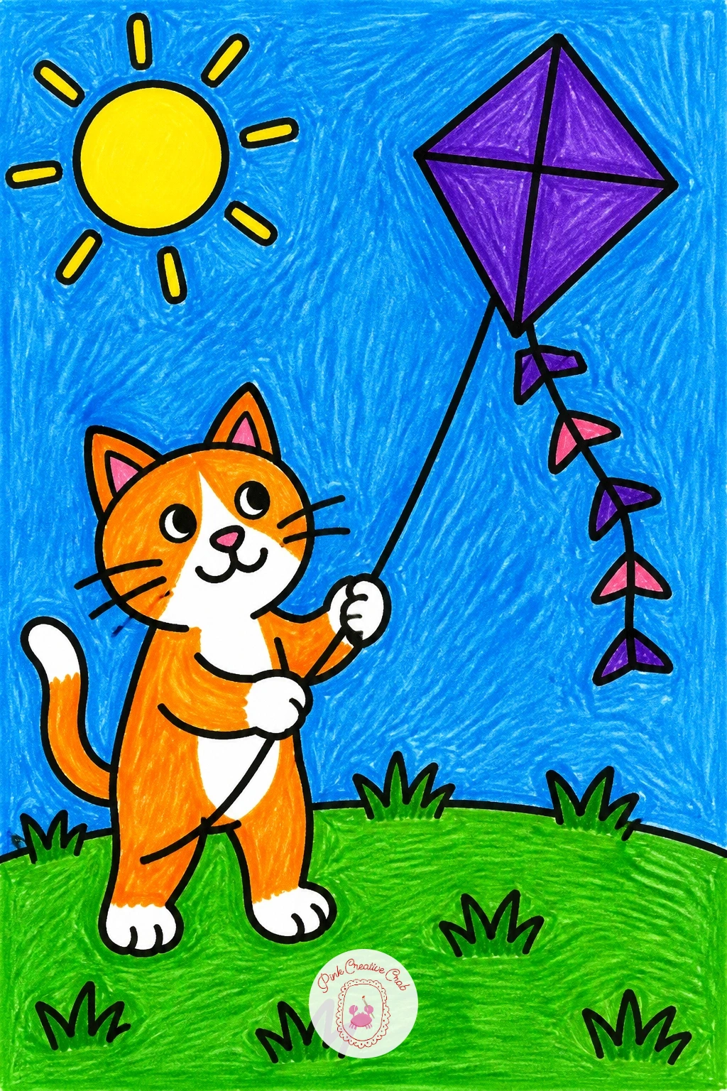 Cat Flying A Kite — Give the cat a big triangle-eared head, a round body, and two straight front legs holding a long string up into the sky. Kids drawing ideas