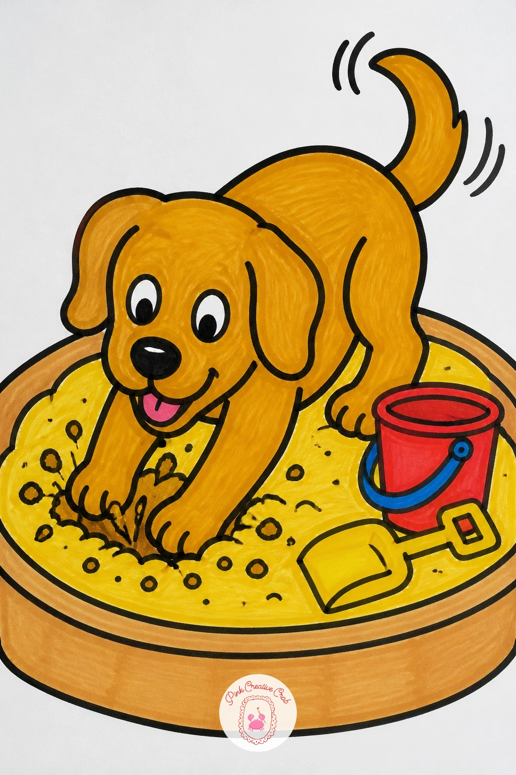 Dog In A Sandpit — Give the dog a round head with two floppy ear shapes, a rounded body, and four short paw shapes dug right into a pile of sand. Kids drawing