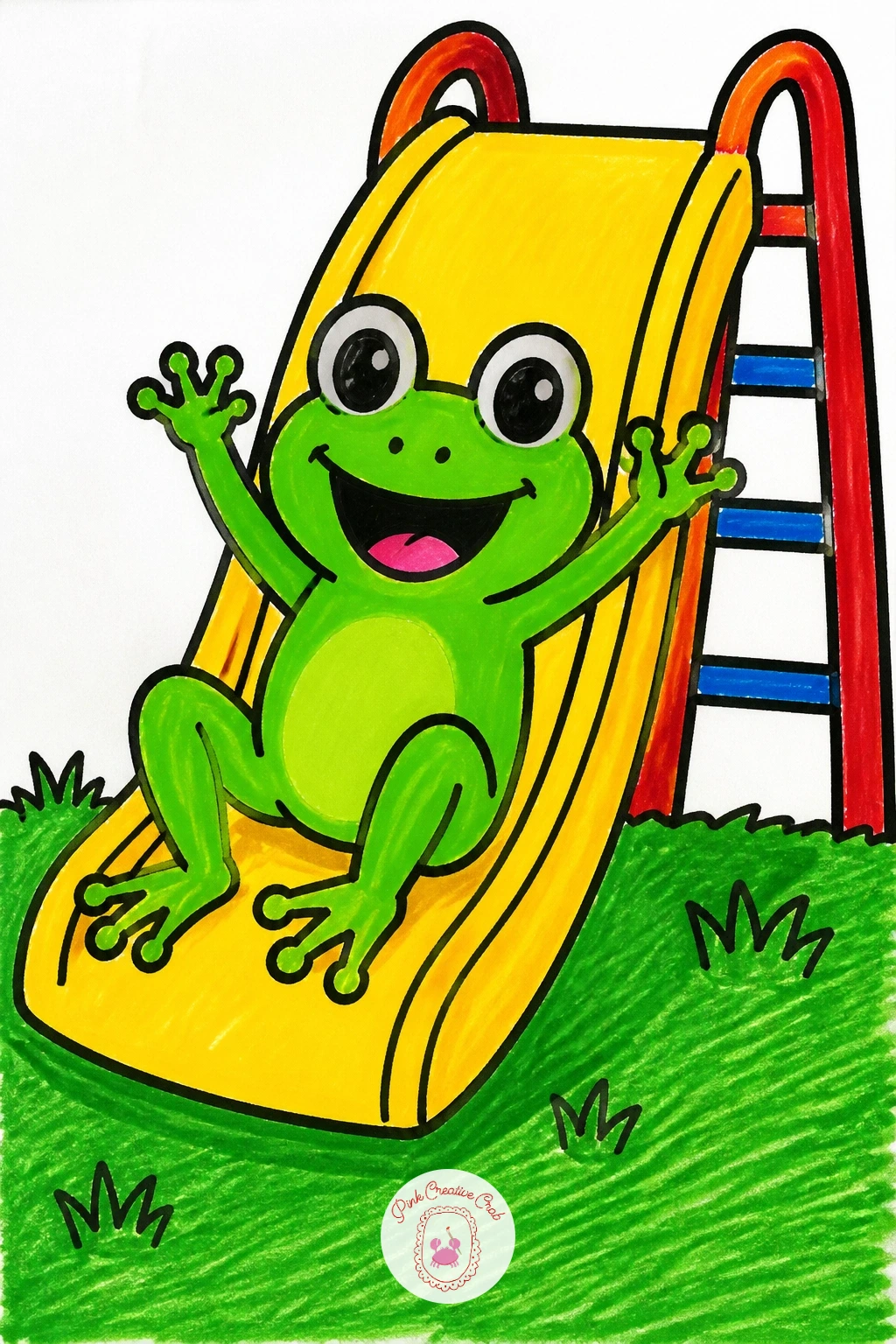Frog On A Slide — Draw the frog's body as one wide rounded shape with two big bulging circle eyes on top and two long bent back legs tucked underneath. Kids