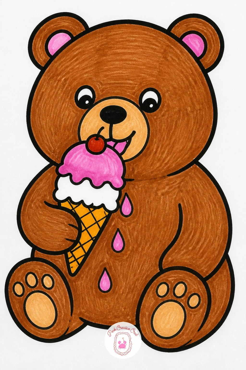 Bear Eating Ice Cream — Start the bear with a round head, two small round ears, and a wide rounded body sitting down. Kids drawing ideas