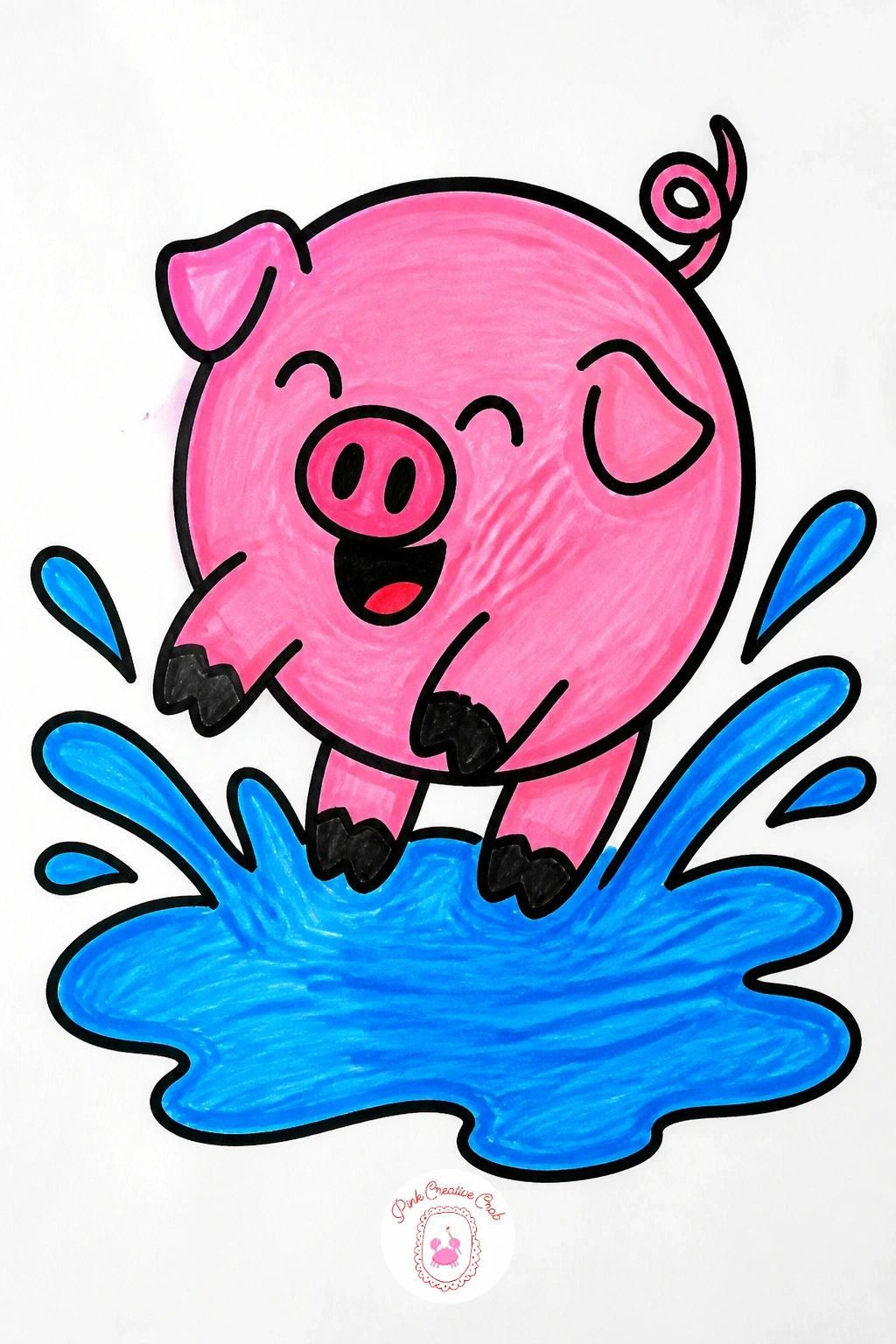 Pig In A Puddle — Give the pig a round pink body, a small round snout poking forward, two triangle ears, and four short legs splashing in a puddle below. Kids