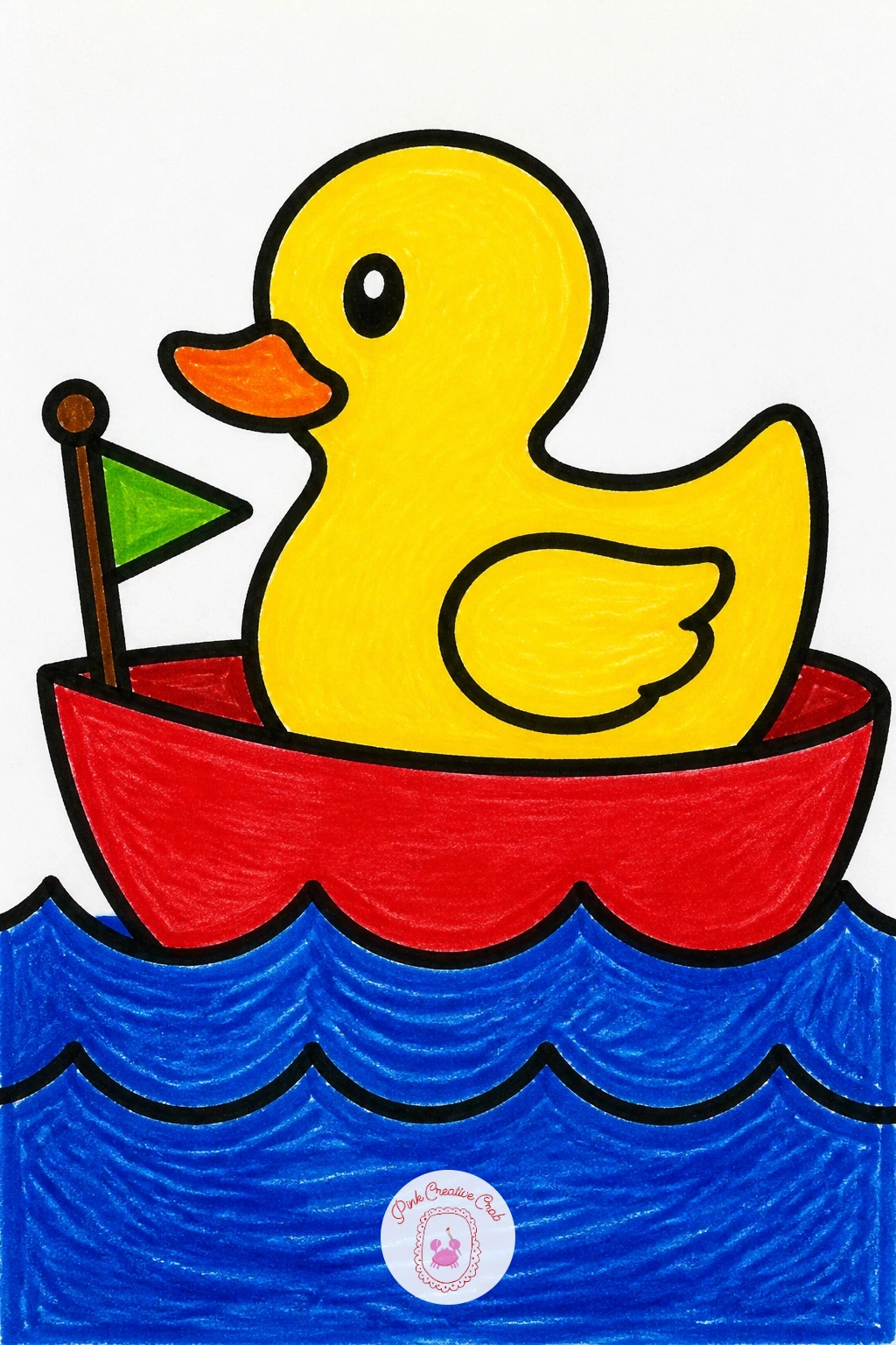 Duck In A Little Boat — Draw the duck's body as a soft rounded oval sitting inside a simple curved boat shape, which looks like a wide smile with the points