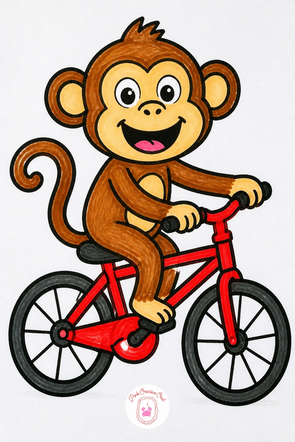 Monkey On A Bike — Build the monkey from a round head, big round ears, and an oval body leaning forward over a simple bike shape. Kids drawing ideas