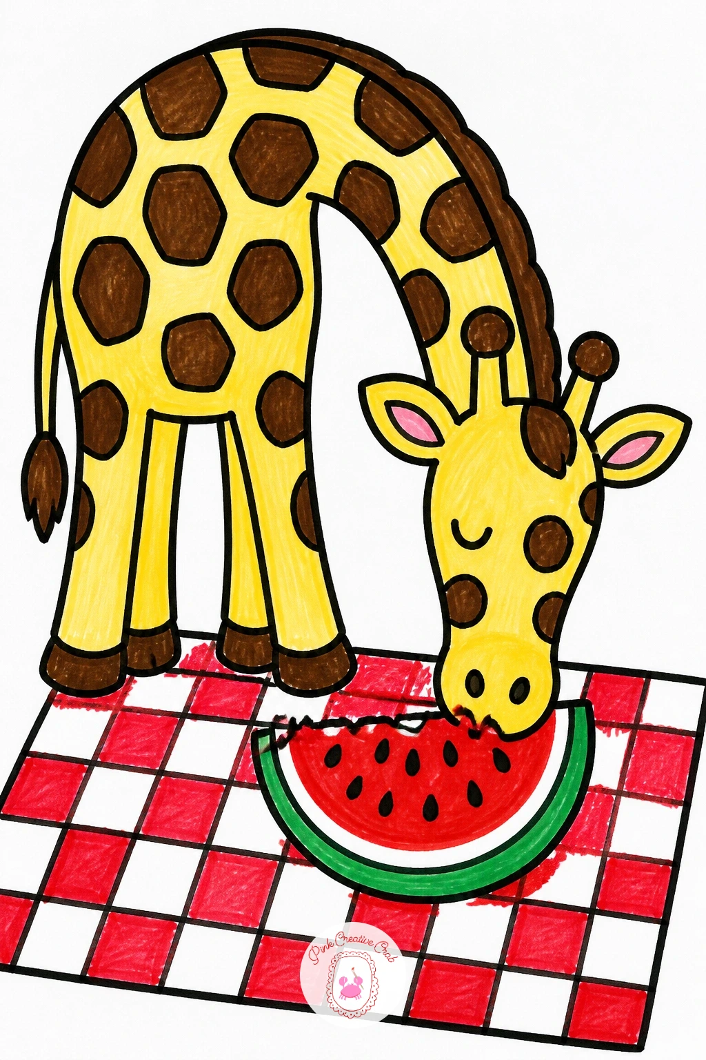 Giraffe At A Picnic — Sketch the giraffe's long neck first as two slightly curved parallel lines rising up from a rounded body, topped with a small head and