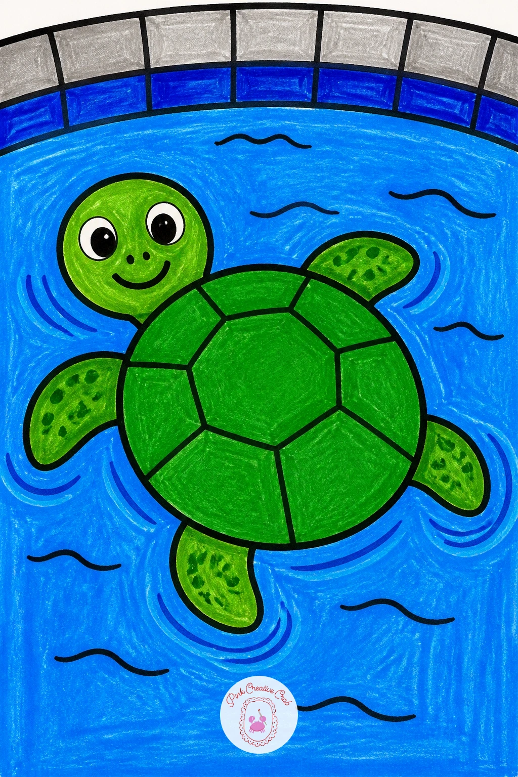 Turtle At The Pool — Give the turtle a wide domed shell on top and a small round head with short stubby legs poking out from underneath. Kids drawing ideas