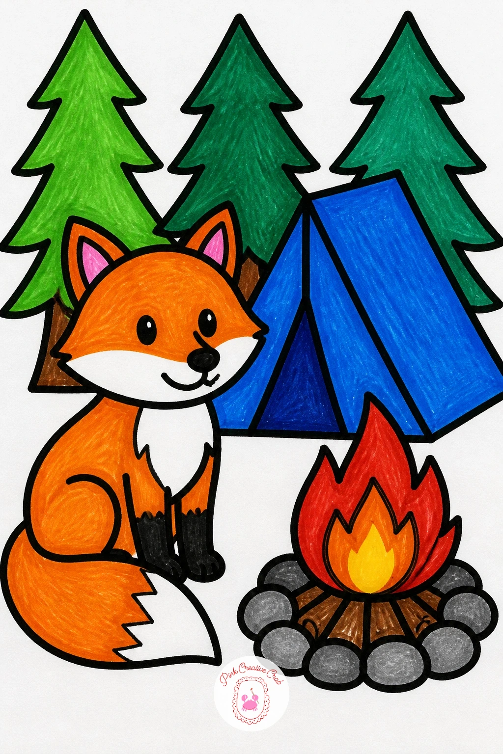 Fox Camping — Draw the fox sitting upright with a triangle head, two tall pointed ears, and a big fluffy curved tail wrapped around its front paws. Kids