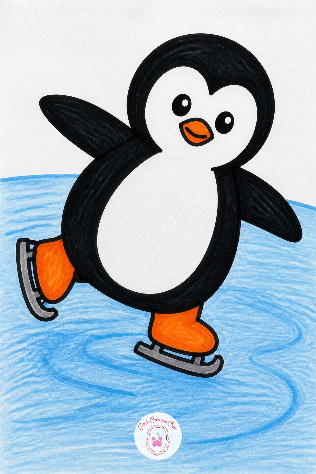 Penguin Ice Skating — Draw the penguin's body as one rounded shape, wider at the bottom, with a white belly patch, two tiny wing shapes out to the sides, and