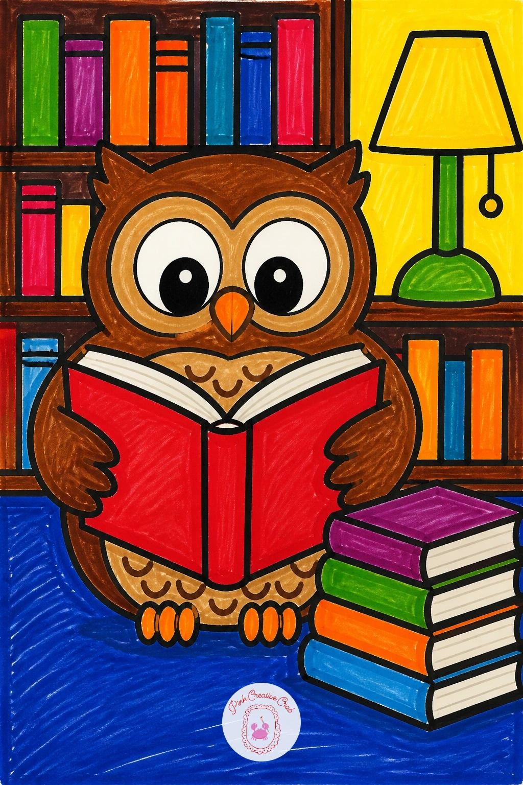 Owl At The Library — Give the owl a round body, two big circle eyes with small dot pupils, and two short pointed ear tufts on top. Kids drawing ideas