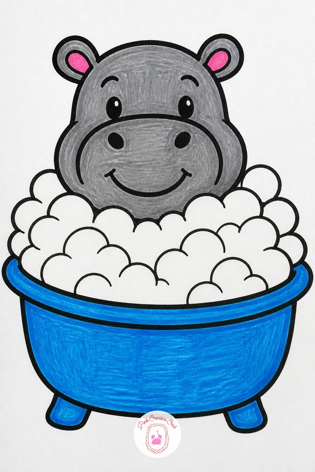 Hippo In A Bubble Bath — Draw the hippo's wide rounded body first, mostly hidden inside a big tub shape, with just the round head, two small round ears, and