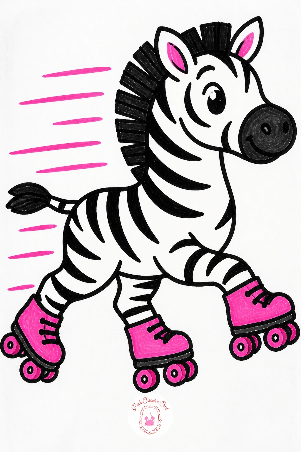 Zebra On Roller Skates — Draw the zebra much like a small horse: an oval body, a long head with a short mane of upright triangle shapes, and four legs ending