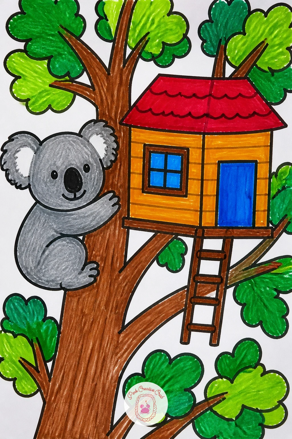 Koala In A Treehouse — Build the koala from a round fuzzy head with two big round ears, a round body, and short arms wrapped around a tree branch. Kids drawing
