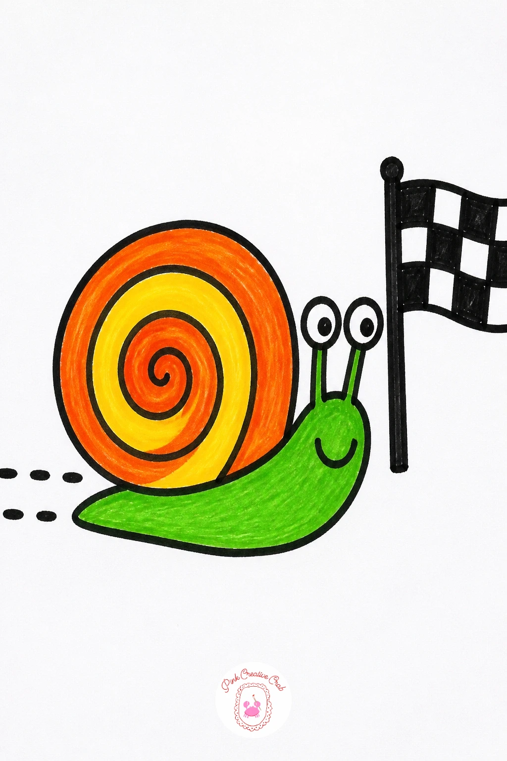Snail At A Race — Draw the snail's round spiral shell first, starting from the center and curling the line outward two or three times, then attach a simple