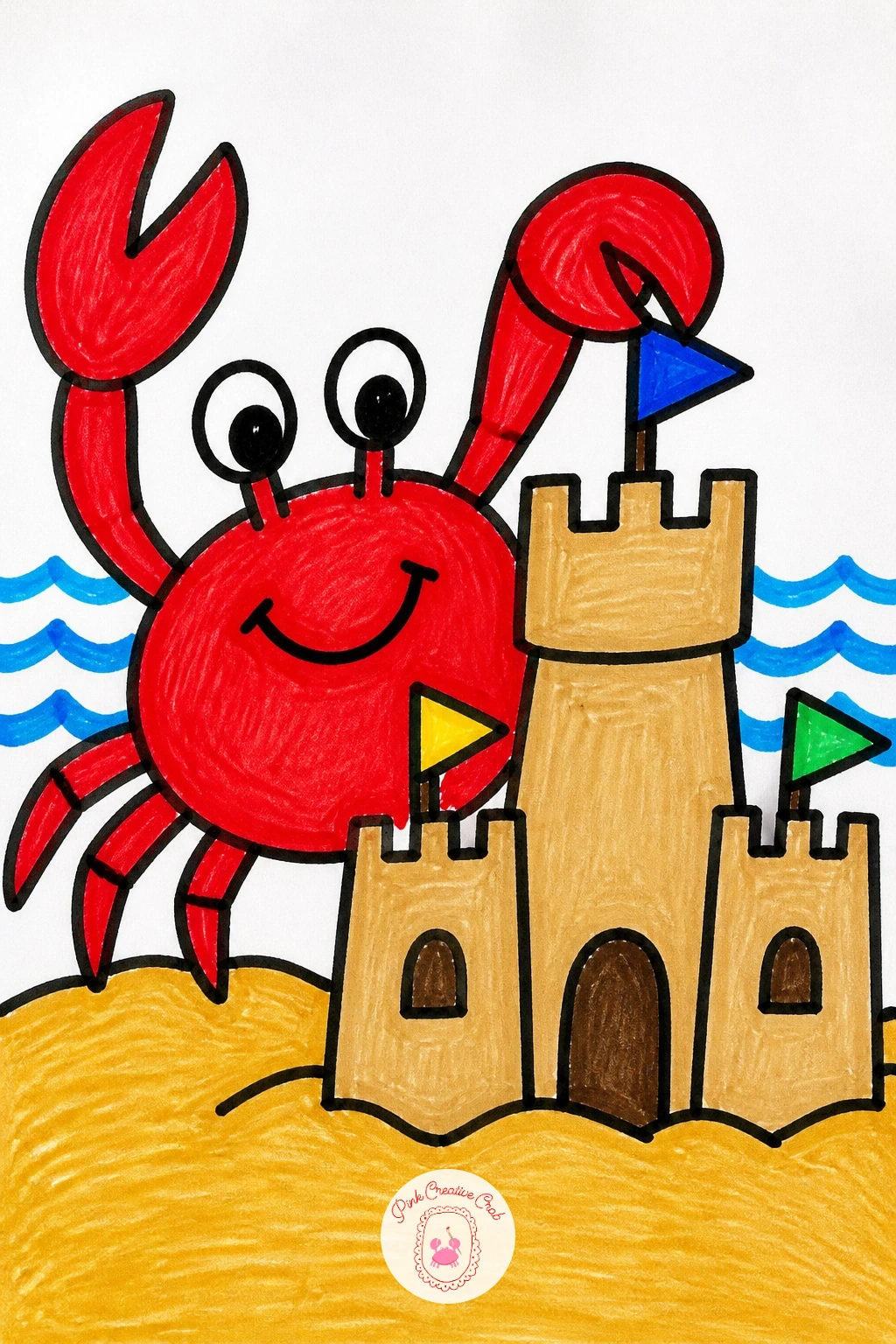 Crab Building A Sandcastle — Give the crab a wide oval body, two round eyes on short stalks, and two big curved claws held up in front. Kids drawing ideas