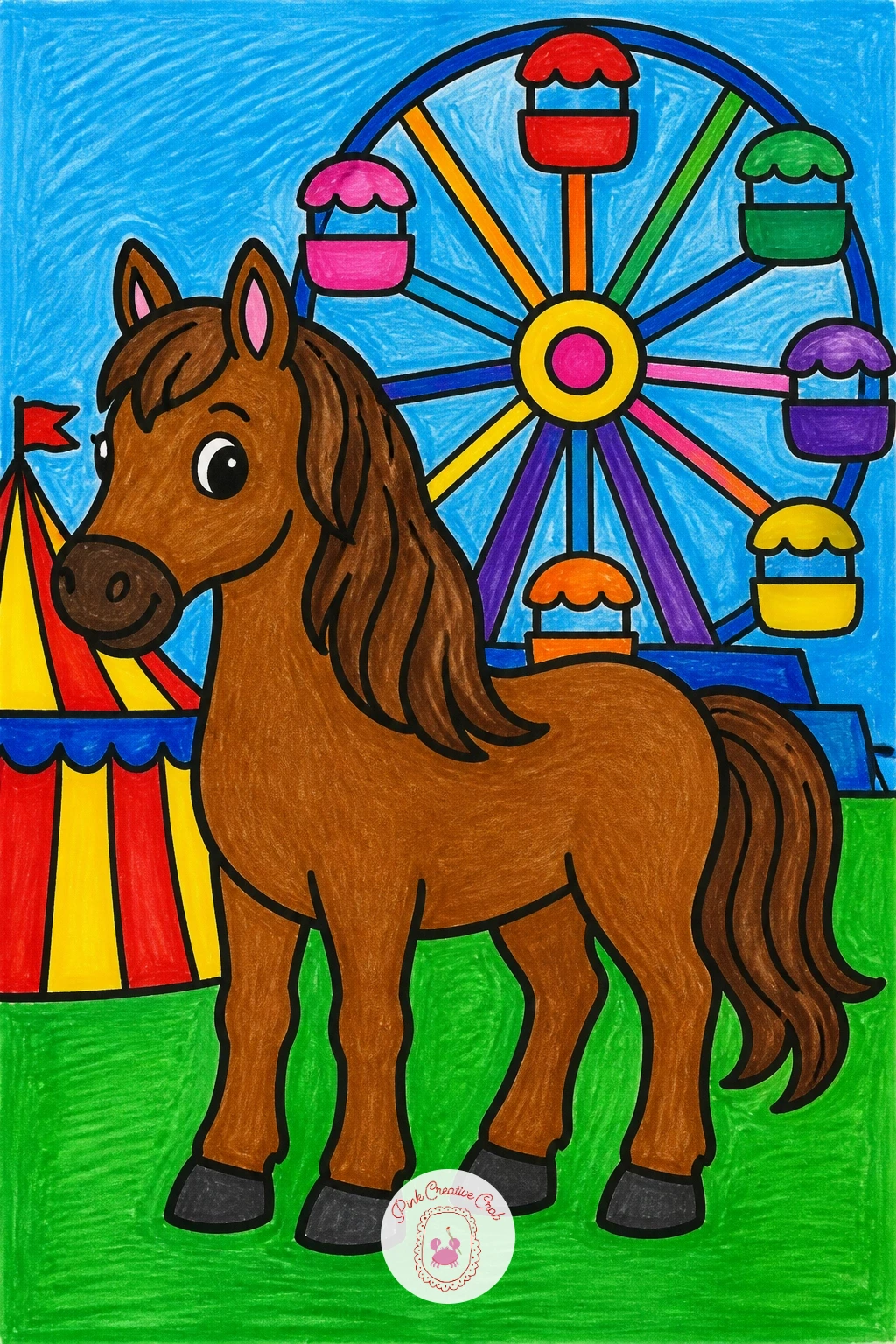 Horse At The Fair — Sketch the horse's body as one long oval with a slightly arched neck, a flowing mane drawn as a few wide curved sections rather than lots