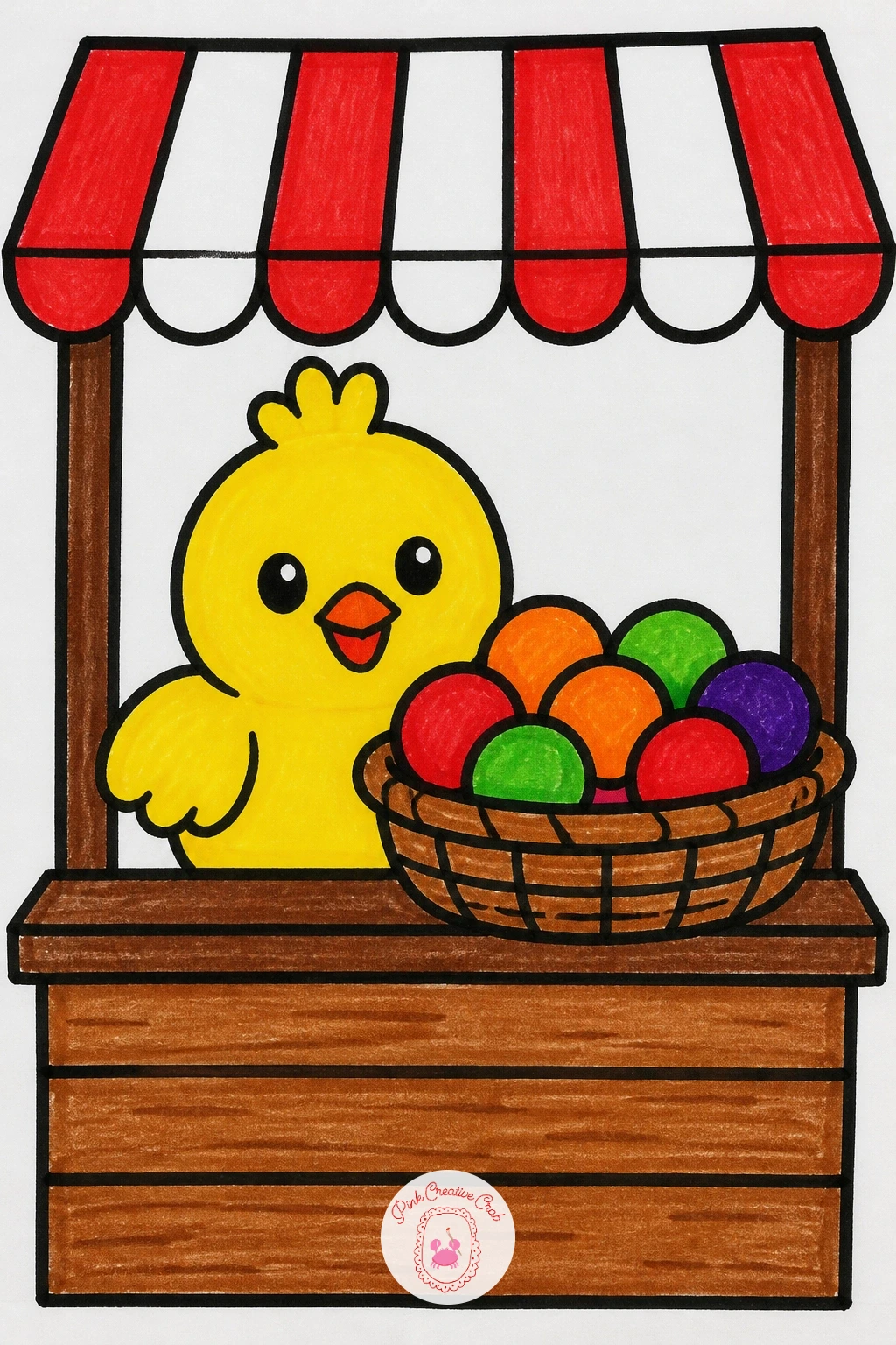 Chick At The Farm Market — Draw the chick as one small round yellow body with a smaller round head on top, a tiny orange triangle beak, and two thin orange