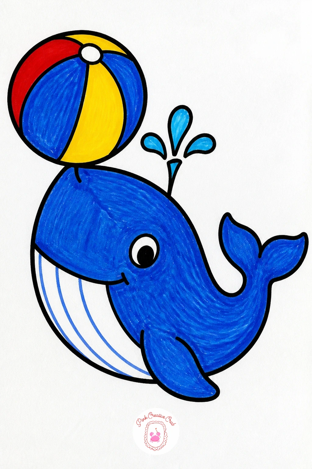 Whale With A Beach Ball — Start the whale with one big smooth curved body shape, rounded at the head and tapering to a wide flat tail fin at the back. Kids