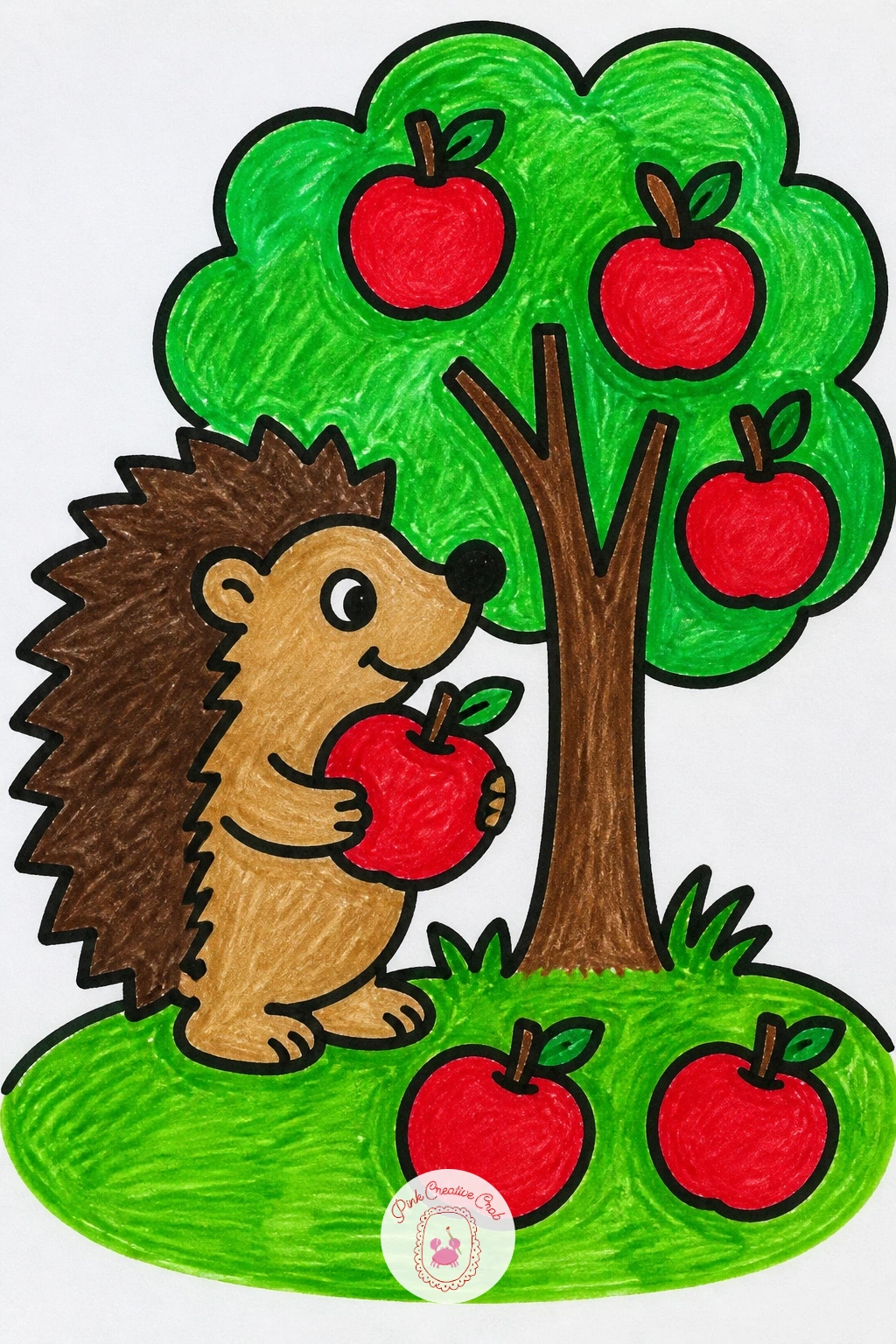 Hedgehog Picking Apples — Give the hedgehog a round body covered in short spiky lines, a small pointed snout, and two tiny feet underneath. Kids drawing ideas