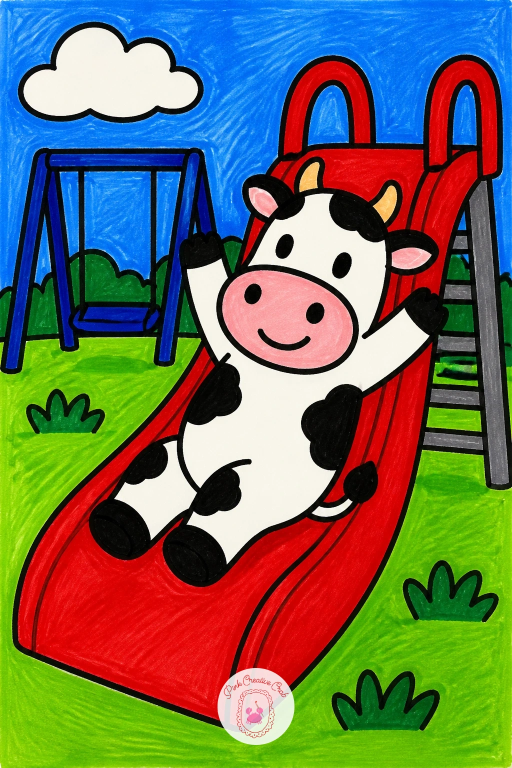 Cow At The Playground — Draw the cow's body as a wide oval with black patch shapes scattered across it, a round head with two short curved horns, and four