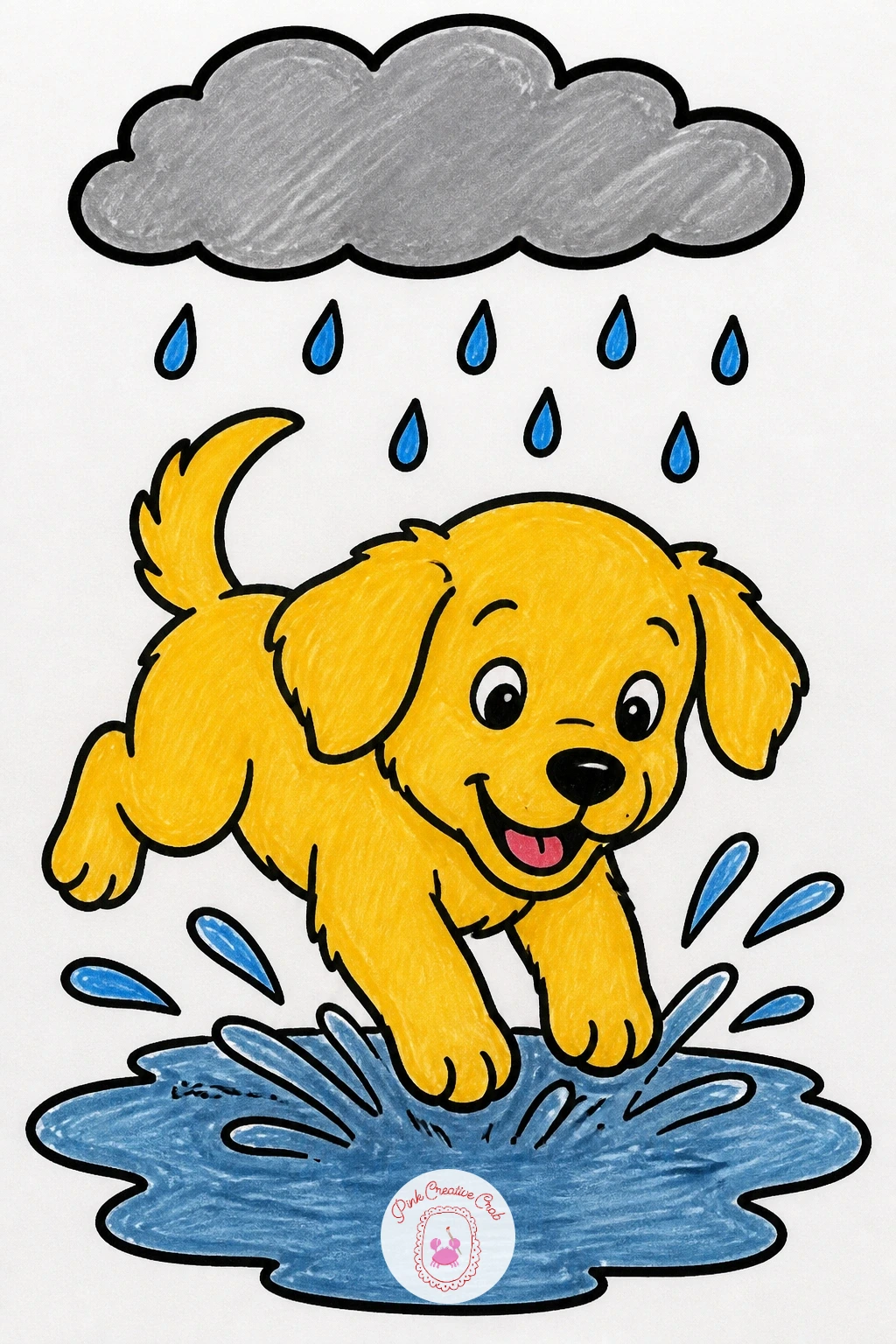 Puppy In A Rain Puddle — Finish the whole set with a puppy jumping into a rain puddle, its body a round shape with floppy triangle ears, a short wagging tail